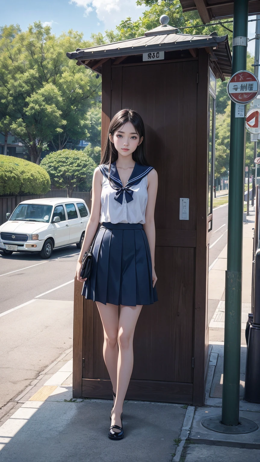 ((最high quality, 8K, masterpiece: 1.3, Ultra HD, high quality, 最high quality, High resolution, realism)) 、An extremely beautiful 18-year-old Japanese woman、hair color is black、black eye、medium hair、straight hair、smile、Slender but well-proportioned muscular body、Athlete-like body type、I don't want my head to disappear from the screen.、Walk on a high seawall at the beach、I put my hand on my forehead and look at the sea、The blue sky is beautiful、There is an entrance cloud、It's summer、sailor suit((summer clothes))wear、Wear a navy blue pleated skirt、wear loafers、There is a bus stop that looks like a hut on the coastline road where you can see the ocean.、Sit on a bench at the bus stop、The sea breeze feels good
