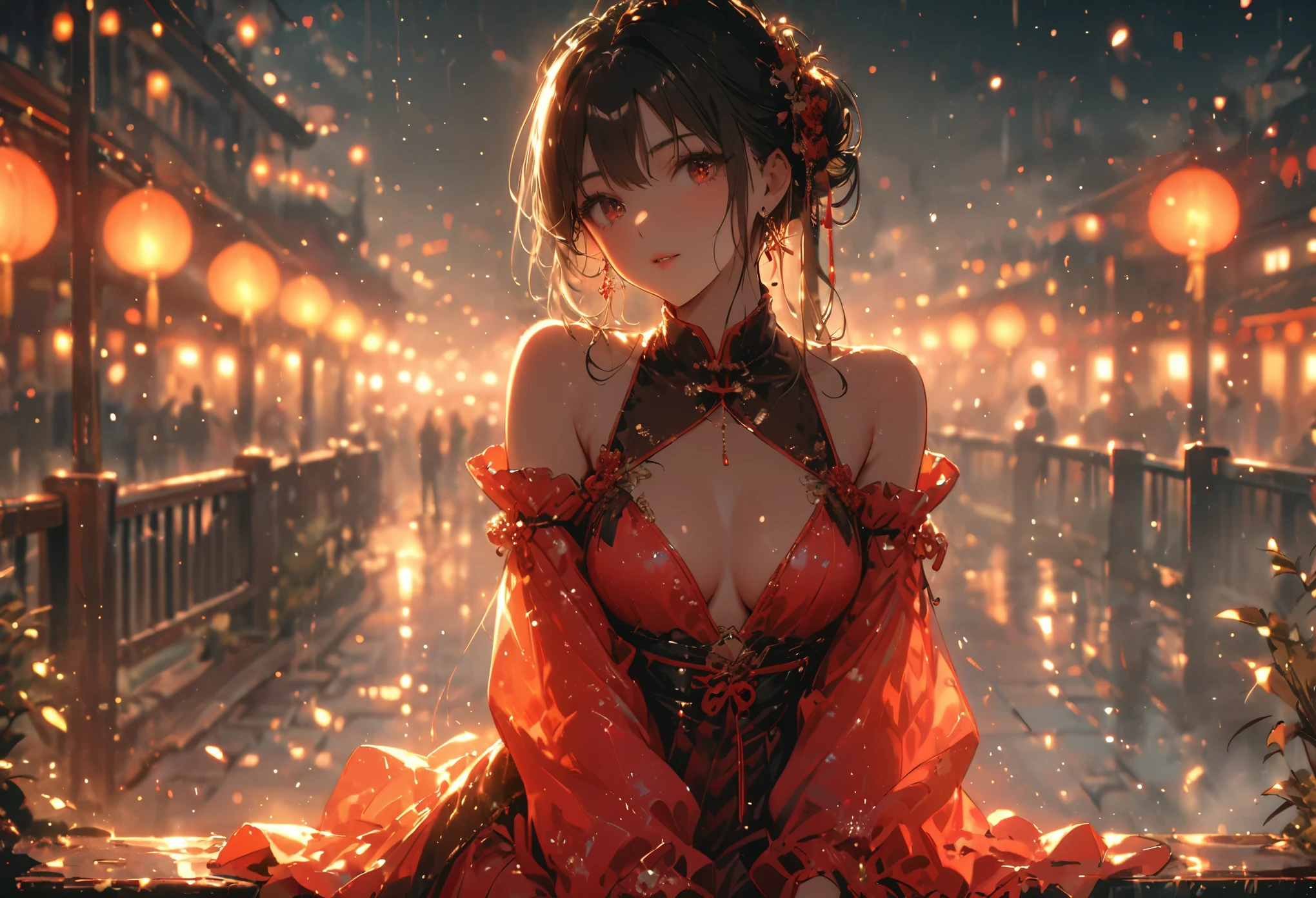 (best quality,4k,8k,highres,masterpiece:1.2),ultra-detailed,red light street,girl,beautiful detailed eyes,beautiful detailed lips,extremely detailed eyes and face,long messy hair,white with pink flowers detail dress,Chinese style dress,close shot,sexy pose,bench,light particles,romantic ambiance,attractive,provocative,alluring,powerful gaze,vintage vibe,warm color palette,soft focus,gentle lighting