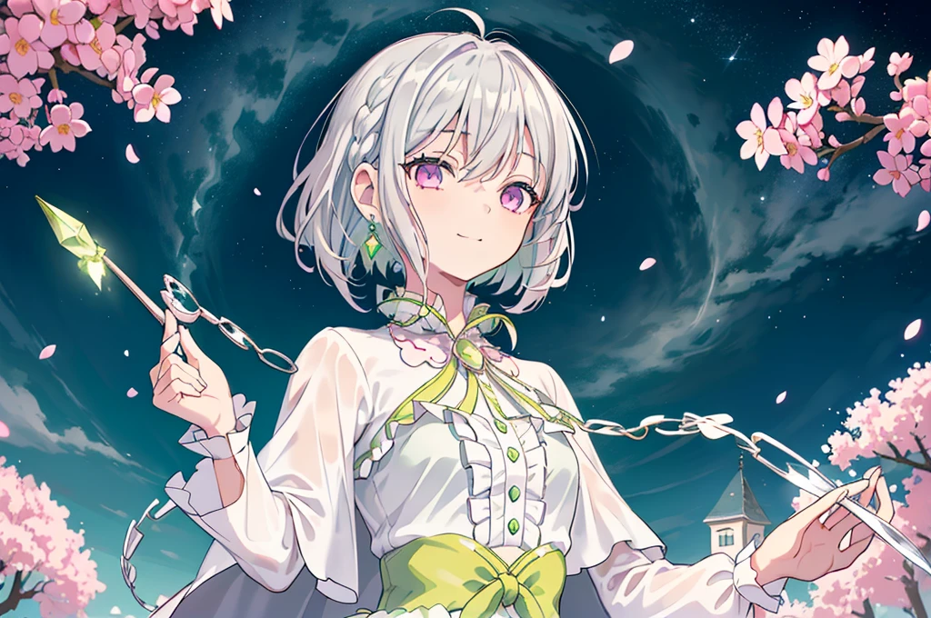 (best quality), (top-quality), (hight resolution), 8K images, (masterpiece), ((perfect face)), (detailed face), (detailed eyes), (clear lines), hair strand,Light skin, ((1girl)), (solo), beautiful fantasy anime, top rated on pixiv, ((short hair)), (expressive eyes), (perfect eyes), (((light_pink eyes))), perfect face, smiling, (white silver hair), (white hair), braided bangs, wind blowing hair, hair over eyes, earrings, {{{{{{{super flat chest}}}}}}}, {{{{{{{flat chest}}}}}}}, (flat chest), ((holding magic silver chains )), (aiming), (little silver tiara), (((lime green collar shirt))), (((lime green outfit))), ((lime cape)), (lime frilly outfit), (lime lolita style), (lolita fashion), (cherry blossom), (many crystals), vintage style, (broken crystals), (in a gemstone sea), (night sky with full of stars), (magic circles), game spash art, fantasy, modern art, cool light --ar 3:2, (wide shot), excited pose