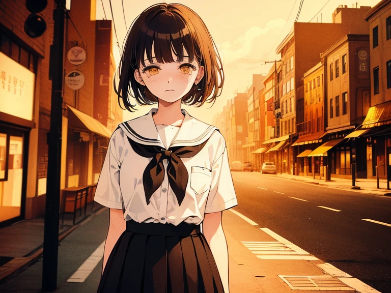 ((((Sad face)))),(((Long shot, taken from the front, 1 girl, white , black skirt, short bob, brown hair, golden eyes, 14 years old, short height, city girl))), ((On the way home from school)), ((Uniform)), (Masterpiece), (High resolution), (Top quality), (Super delicate), ((Line drawing manga style)), Wallpaper, Manga style illustration, Painting style, heartwarming synopsis, ((youth)), (((student))), (unique atmosphere), unique world view, unique atmosphere, school life, youth town, (masterpiece), (high resolution), (highest quality), (super delicate), line drawing manga style, comic style illustration, how to draw, warm outline color, (clear), (obvious)