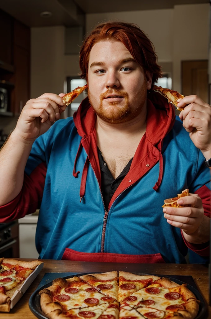 Make a fat red haired guy that is wearing a blue hoodie that is currently eating a pizza the size of Mount Everest