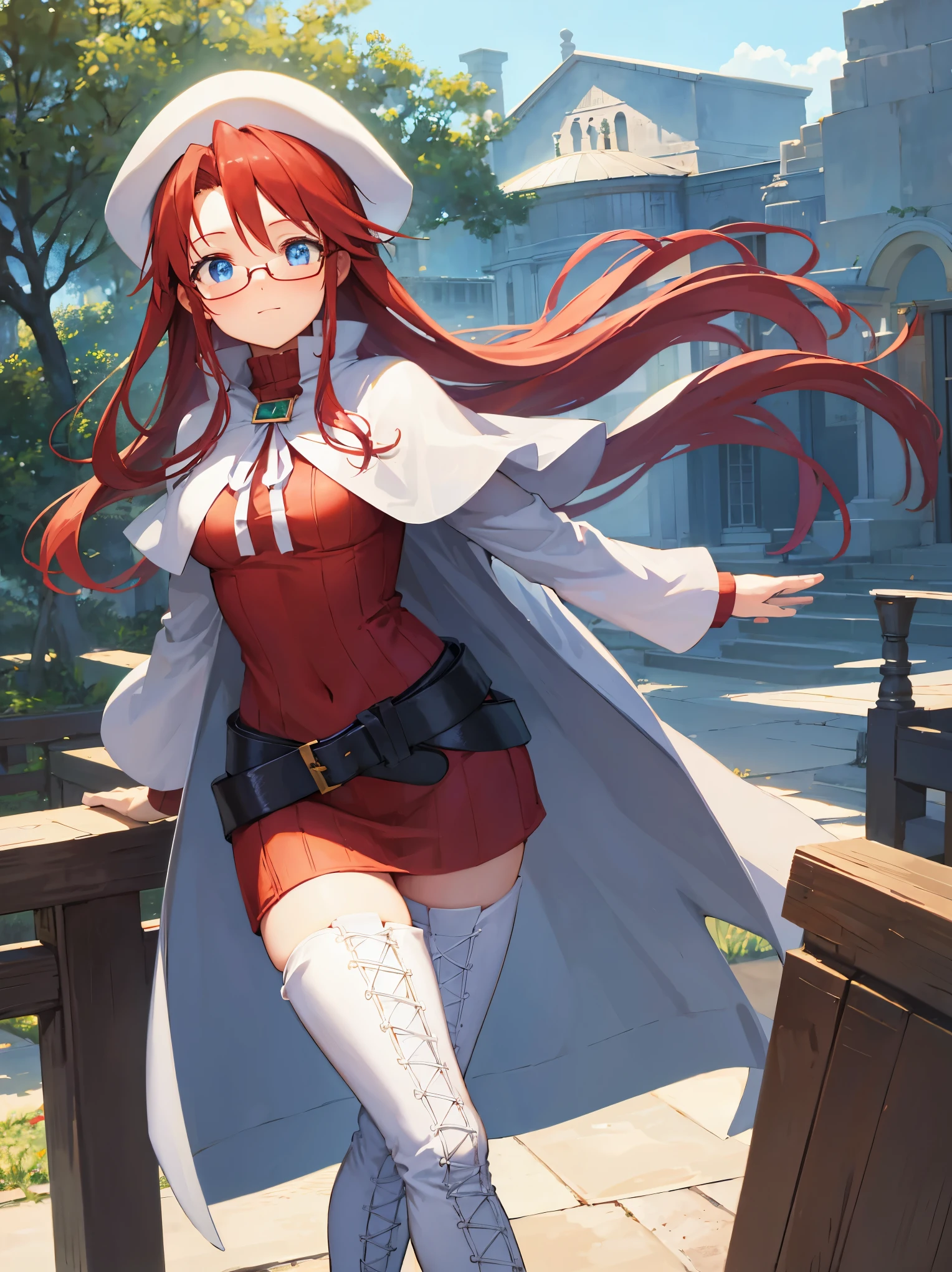 summonnightaty, aty, long hair, blue eyes, red hair, beret, hat, glasses,
BREAK long hair, thighhighs, hat, dress, boots, glasses, belt, cape, sweater, zettai ryouiki, beret, thigh boots, white footwear, ribbed sweater, loose belt,solo,
BREAK outdoors, fantasy_town,
BREAK (masterpiece:1.2), best quality, high resolution, unity 8k wallpaper, (illustration:0.8), (beautiful detailed eyes:1.6), extremely detailed face, perfect lighting, extremely detailed CG, (perfect hands, perfect anatomy),covered_nipples,covered_navel,light_smile ,(half_eyes:1.4),sword,armpit,sleepy,dynamic_standing,barrel,red_sweater,apart_legs,magical_effect,