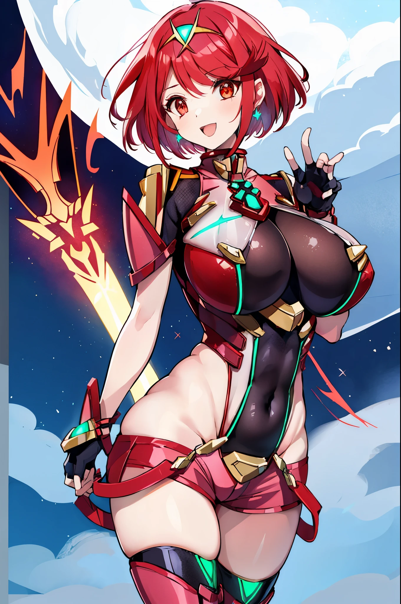 pyra \(xenoblade\), young__1girl, armor, bangs, black gloves, breasts, red eyes, closed mouth, earrings, eyelashes, fingerless gloves, floating hair, framed breasts, gem, gloves, hair ornament, headpiece, jewelry, big_breasts, leaning back, leotard, neon trim, official art, pose, red hair, red shorts, saitou masatsugu, short hair, short shorts, short sleeves, shorts, sidelocks, skin tight, solo, standing, swept bangs, thighhighs, tiara, night_prairie_background, turtleneck, underbust, vambraces, xenoblade chronicles \(series\), (xenoblade chronicles 2), apart_legs, fire_effect,dynamic_pose_fighting,light_smile, (plump:1.1), big_ass,huge_sword, hold_large_sword_hilt, solo, covered_nipples, covered_pussy,open_mouth,back_view,