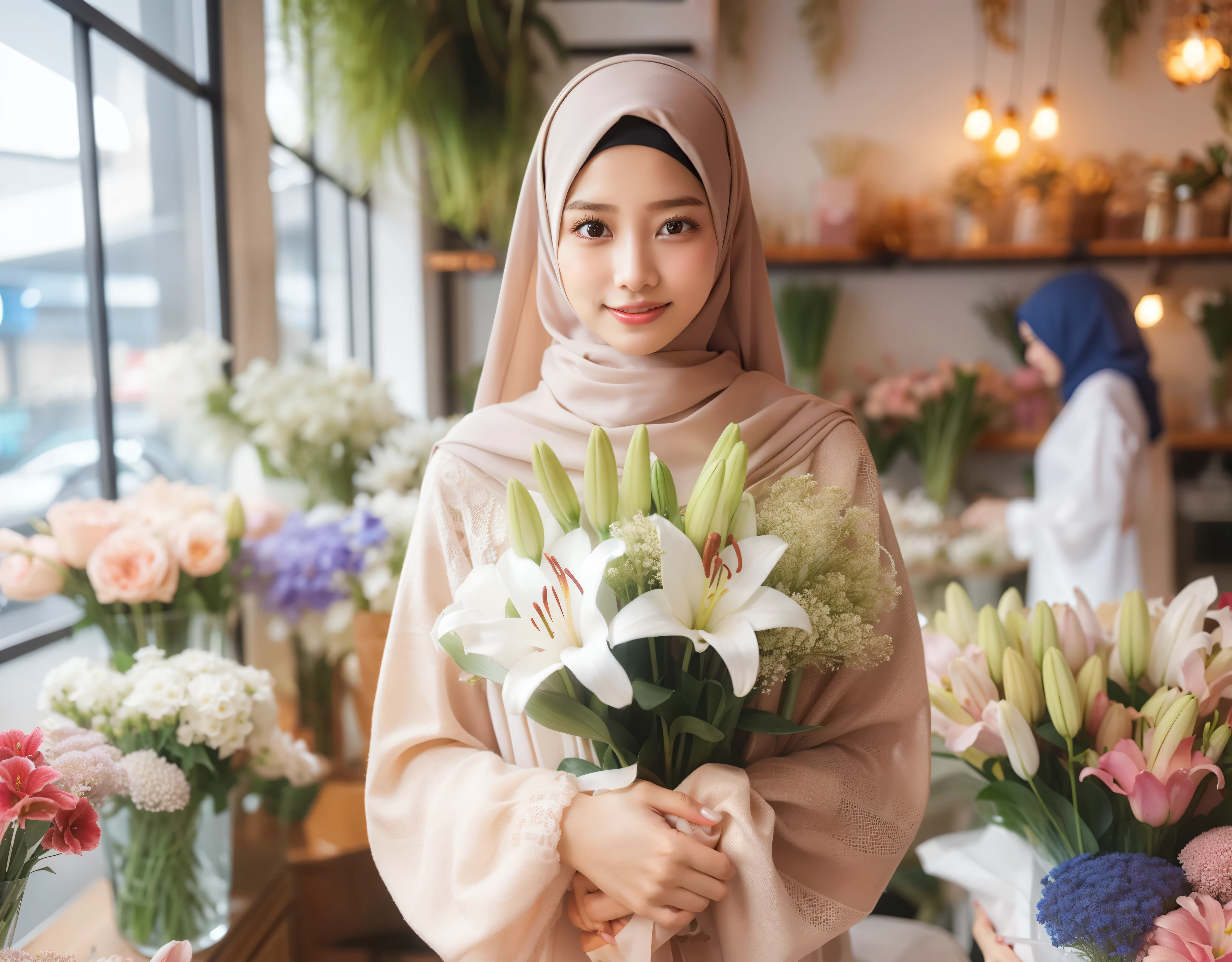 there is a woman standing in a flower shop holding a bouquet, with flowers, malaysian, holding flowers, inspired by Nazmi Ziya Güran, hijab, wearing a hoodie and flowers, inspired by Lily Delissa Joseph, pretty girl, inspired by Maryam Hashemi, inspired by Fathi Hassan, modest flowing gown, masterpiece, beautifully, inspired by Naza, beautiful woman