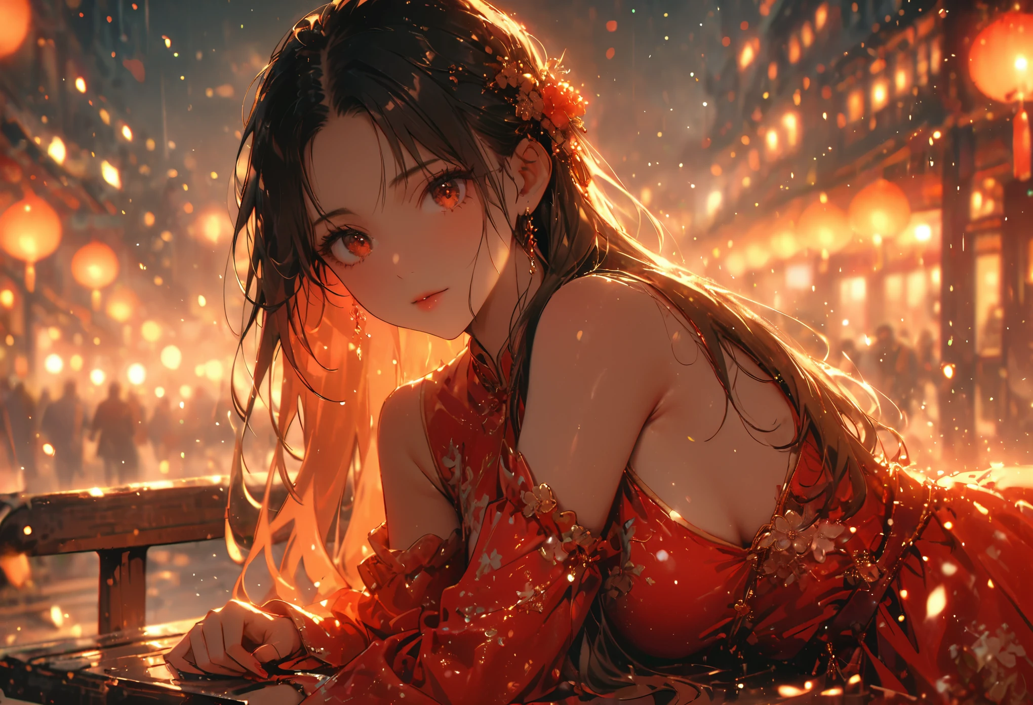 (best quality,4k,8k,highres,masterpiece:1.2),ultra-detailed,red light street,girl,beautiful detailed eyes,beautiful detailed lips,extremely detailed eyes and face,long messy hair,white with pink flowers detail dress,Chinese style dress,close shot,sexy pose,bench,light particles,romantic ambiance,attractive,provocative,alluring,powerful gaze,vintage vibe,warm color palette,soft focus,gentle lighting