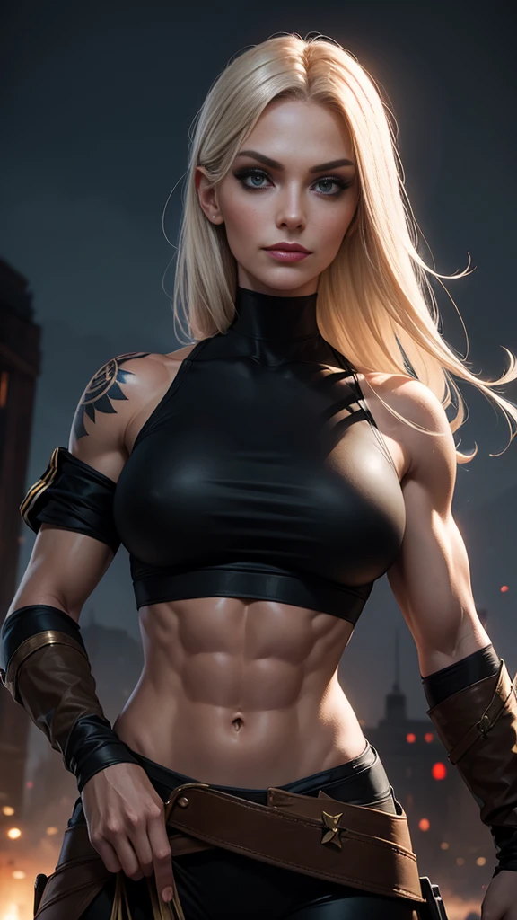 A gorgeous and stunning female soldier fighting on the battlefield, smirking sadistically, smiling sadistically, high rank, dominant, challenging demeanor, smug, teasing, tall, statuesque, imposing, towering, biceps, triceps, eight pack abs, extremely defined abs, tank top, wide shoulders, narrow hips, narrow waist, huge breasts, slim, slender, toned, long eyelashes, make up, perfect eyes, eyeliner, perfect lips, long fingers, delicate fingers, long nails, supermodel, tattoo on shoulder, (military uniform), tanned skin, official uniform, colonel, marshal, lieutenant, platinum blonde, at night,