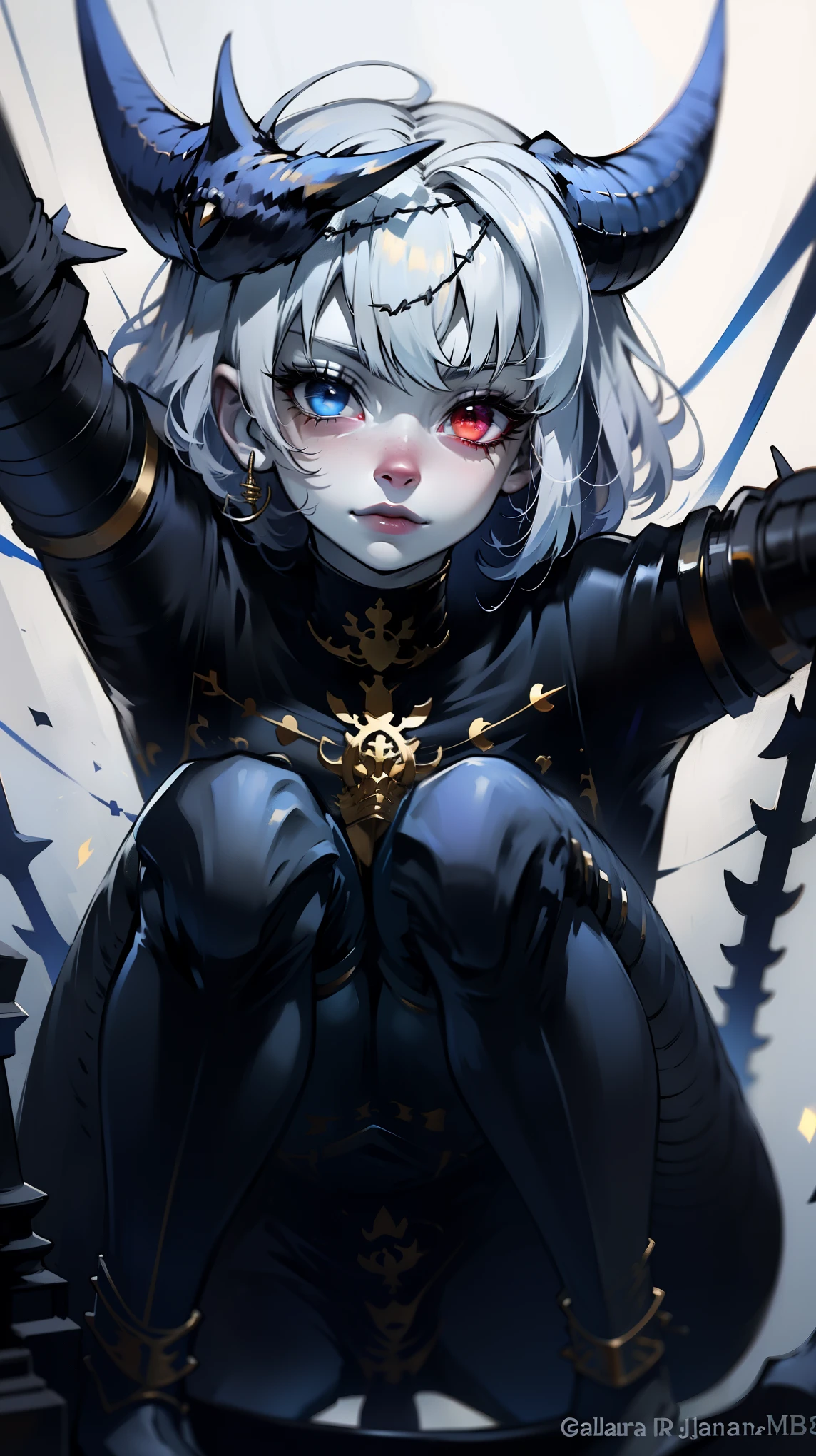 1 chica, mujer adulta, solo, g0ld3mb, oro, (platinum blonde cabello) cabello, corte de hime, (kawaii cabello clips:1.2) alta calidad, Mejor calidad, high resolution, alto detalle, (oroen aura magic), cabello uplifted, cuernos,Hermosa joven de pelo blanco con penetrantes ojos rojo y azul, media sonrisa con labios carnosos, black nails, barbed wires everywhere(coiled black barbed wires),read eyes,blue eyes, (ojos diferentes), (heterochromia)