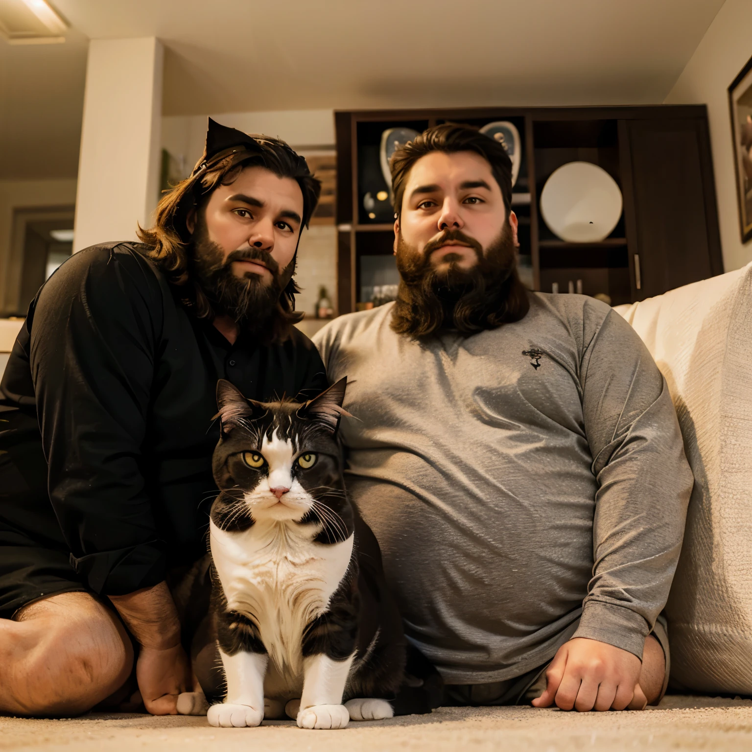 A bearded cat and a fat cat were looking at me. 