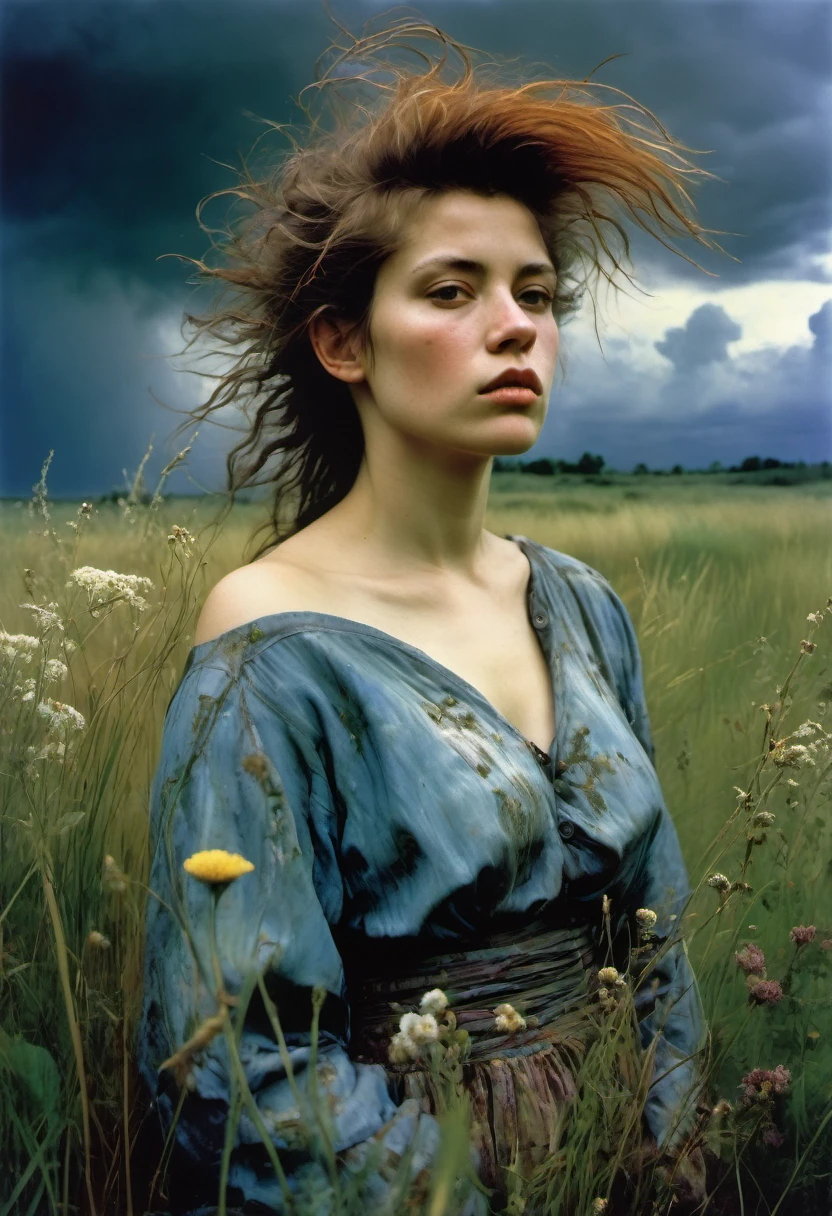Art by Era Leisner, Art by Jan Saudek and Jenny Saville ,Max Ernstrunepunk full figure of a mysterious woman with windswept hair standing in a meadow with tall grass and wild flowers. stormy clouds in the sky, Enchanting and ethereal scene.