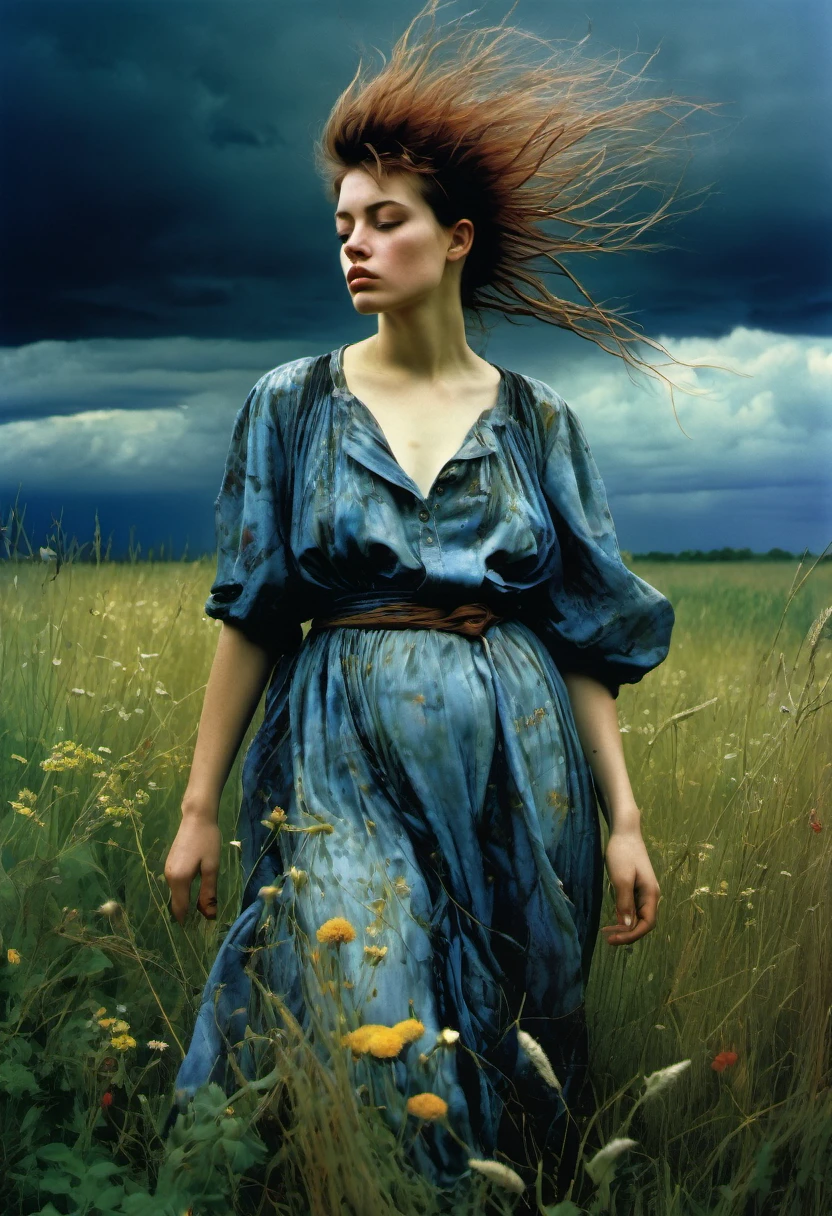 Art by Era Leisner, Art by Jan Saudek and Jenny Saville ,Max Ernstrunepunk full figure of a mysterious woman with windswept hair standing in a meadow with tall grass and wild flowers. stormy clouds in the sky, Enchanting and ethereal scene.
