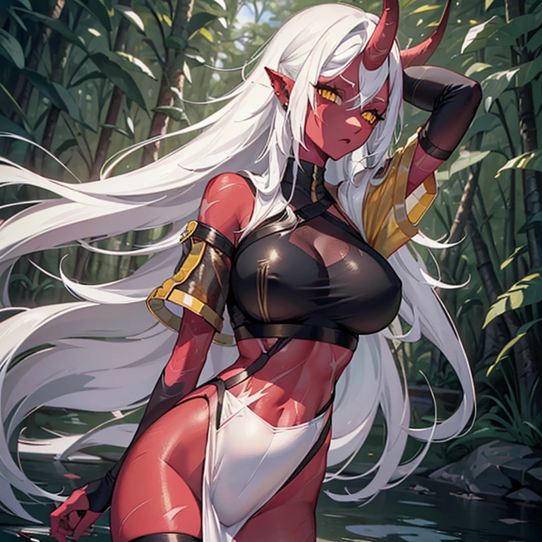 a girl with ((red skin, long white hair, yellow eyes, sexy clothes, and big breasts)). It also has ((red horns)). The colors of the image should be vivid, enhancing the fantasy style. The lighting should be spectacular, with high contrast and strong shadows. The image must be of the best quality, with a resolution of 4k or 8k, and it should be a masterpiece. The image should look realistic, with attention to detail