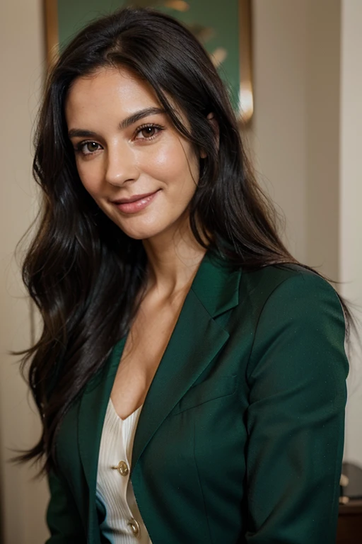 Photo of a mature woman with long, wavy black hair and smooth, soft skin. Her brown eyes sparkle when she smiles. Occasionally dressed in businesswoman-style clothing, including an emerald green blazer.