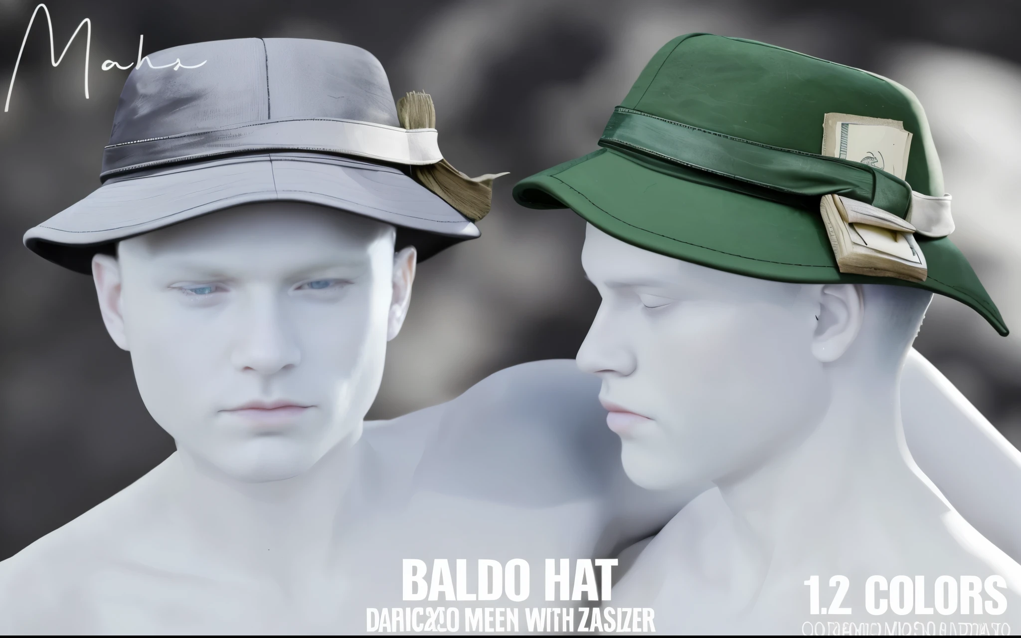 two mannequin heads wearing green and brown hats, Careca head, inspired powder László Balogh, sem capuz | | sombreado realista, Careca man, Careca, david Carecaeon, inspired by János Nagy Balogh, powder László Balogh, Faded hat, inspirado em Enrico Baj