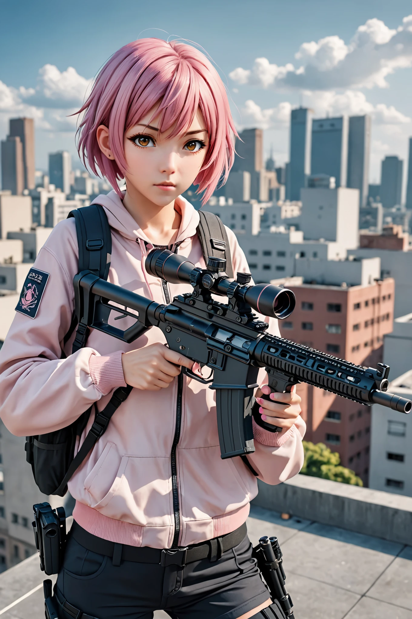 amazing quality, masterpiece, best quality, hyper detailed, ultra detailed, UHD, depth of field, anime style, 1girl, solo, solo focus, holding and aiming sniper rifle, determined expression, high school student, short pink hair, urban rooftop setting, smoggy, intense, ((only five fingers)),