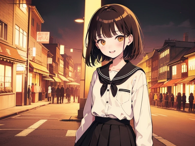 ((((Happy face)))),(((Long shot, taken from the front, 1 girl, white , black skirt, short bob, brown hair, golden eyes, 14 years old, short height, city girl))), ((On the way home from school)), ((Uniform)), (Masterpiece), (High resolution), (Top quality), (Super delicate), ((Line drawing manga style)), Wallpaper, Manga style illustration, Painting style, heartwarming synopsis, ((youth)), (((student))), (unique atmosphere), unique world view, unique atmosphere, school life, youth town, (masterpiece), (high resolution), (highest quality), (super delicate), line drawing manga style, comic style illustration, how to draw, warm outline color, (clear), (obvious)
