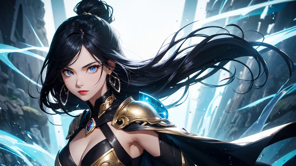 a mature woman, Confident, mighty and strong, black blue hair, Extra long high ponytail with single ear hair combed in front and back, streaked sky blue luminous hair, floating hair, hair strand, shiny hair, blue amber eyes, pupils sparkling, aqua eyes, glowing eyes, pupils sparkling, upturned eyes, long upper eyelashes, double eyelids, deep red lips, white crystal earrings, a slight smile, Glowing clothing effect, Silver full body armor, Exquisite black and gold two-color pattern armor, The right hand holds a silver spear with lightning, The left forearm is surrounded by fire and lightning, A huge upright lightning ring totem floats behind the shoulders, She is a war goddess, Random pose, Random expressions, Random background, White light surrounding the body, god rays, anime, UHD, masterpiece, award winning, 8k, super detail, best quality, retina, ccurate, super textured skin, super detail face, perfect face, Super fine facial details, beautiful and delicate eyes, perfect eyes, anatomically correct, correct limbs, correct figner, super detail figner, best hair quality, best clothing quality, best prop quality, best totem detail and quality, complex totem detail,