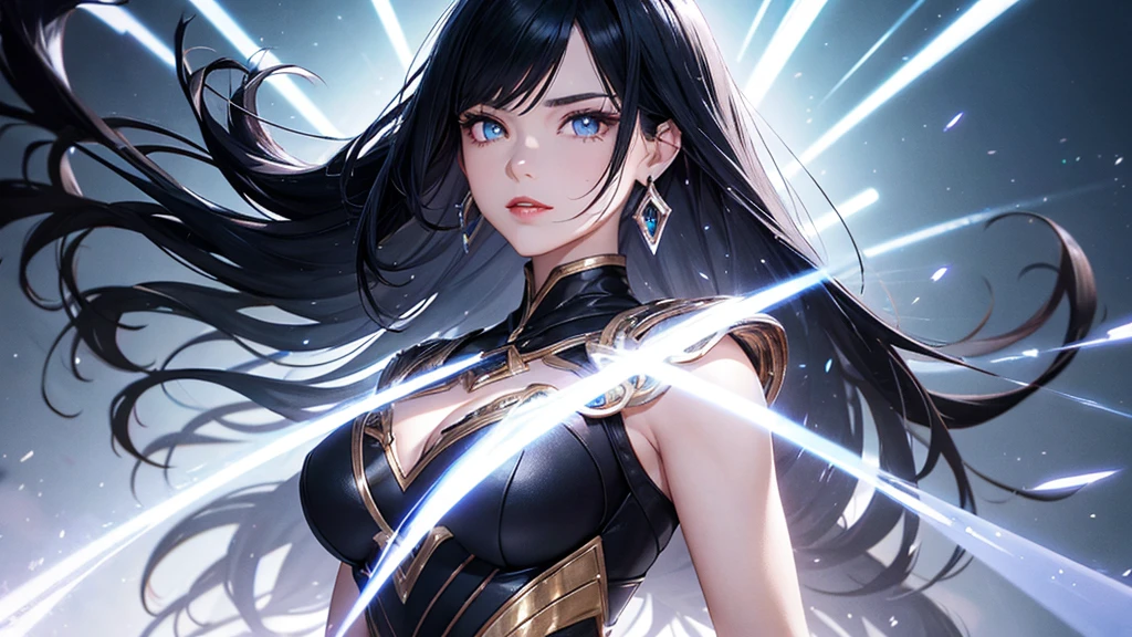 a mature woman, Confident, mighty and strong, black blue hair, Extra long high ponytail with single ear hair combed in front and back, streaked sky blue luminous hair, floating hair, hair strand, shiny hair, blue amber eyes, pupils sparkling, aqua eyes, glowing eyes, pupils sparkling, upturned eyes, long upper eyelashes, double eyelids, deep red lips, white crystal earrings, a slight smile, Glowing clothing effect, Silver full body armor, Exquisite black and gold two-color pattern armor, The right hand holds a silver spear with lightning, The left forearm is surrounded by fire and lightning, A huge upright lightning ring totem floats behind the shoulders, She is a war goddess, Random pose, Random expressions, Random background, White light surrounding the body, god rays, anime, UHD, masterpiece, award winning, 8k, super detail, best quality, retina, ccurate, super textured skin, super detail face, perfect face, Super fine facial details, beautiful and delicate eyes, perfect eyes, anatomically correct, correct limbs, correct figner, super detail figner, best hair quality, best clothing quality, best prop quality, best totem detail and quality, complex totem detail,