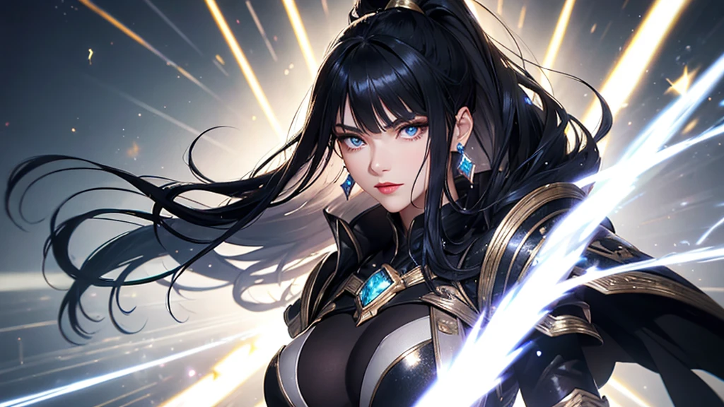 a mature woman, Confident, mighty and strong, black blue hair, Extra long high ponytail with single ear hair combed in front and back, streaked sky blue luminous hair, floating hair, hair strand, shiny hair, blue amber eyes, pupils sparkling, aqua eyes, glowing eyes, pupils sparkling, upturned eyes, long upper eyelashes, double eyelids, deep red lips, white crystal earrings, a slight smile, Glowing clothing effect, Silver full body armor, Exquisite black and gold two-color pattern armor, The right hand holds a silver spear with lightning, The left forearm is surrounded by fire and lightning, A huge upright lightning ring totem floats behind the shoulders, She is a war goddess, Random pose, Random expressions, Random background, White light surrounding the body, god rays, anime, UHD, masterpiece, award winning, 8k, super detail, best quality, retina, ccurate, super textured skin, super detail face, perfect face, Super fine facial details, beautiful and delicate eyes, perfect eyes, anatomically correct, correct limbs, correct figner, super detail figner, best hair quality, best clothing quality, best prop quality, best totem detail and quality, complex totem detail,