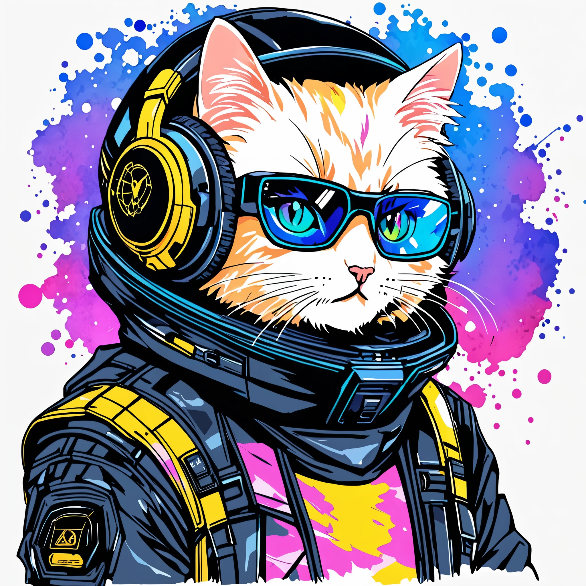 Crie uma estampa pra camista, gatinho fofo cyberpunk, aquarela, Vetor 2D , ultra detalhado,ultra SVG , estilo anime
