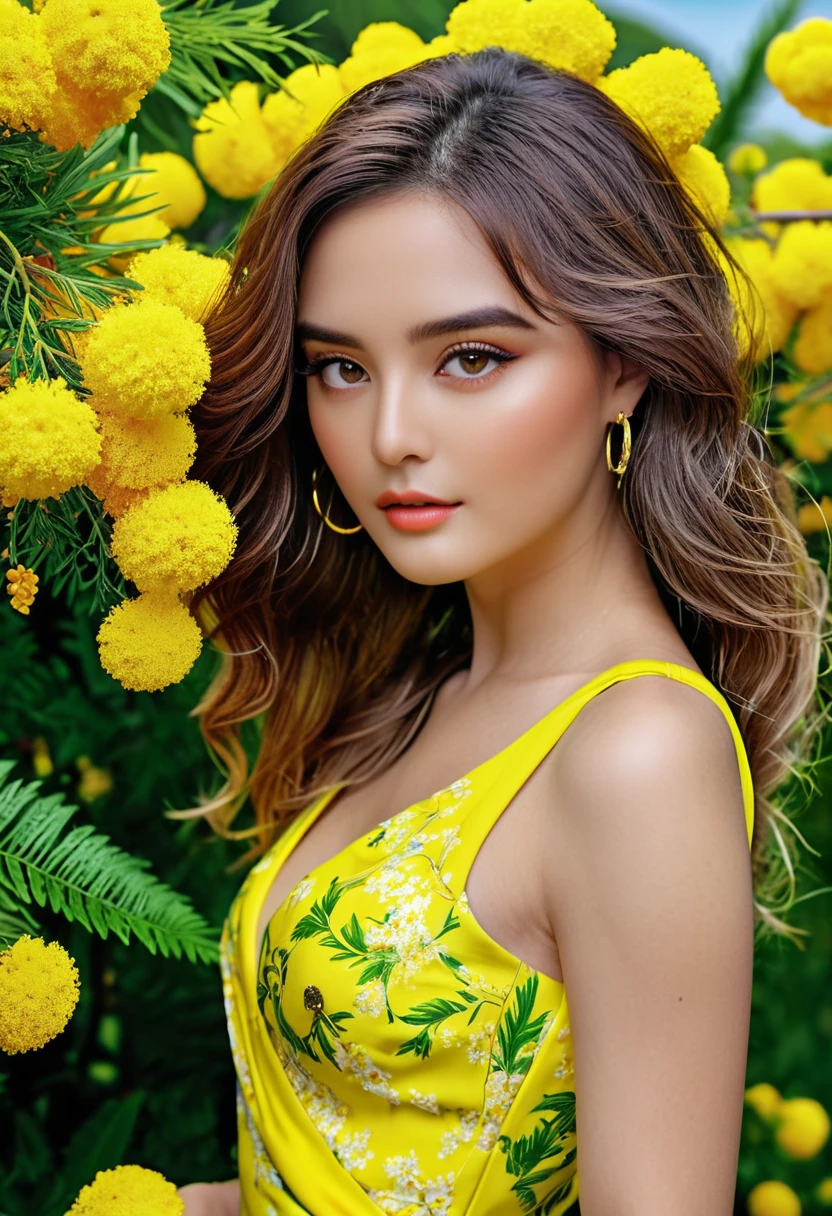 Versace girl model of incredible beauty, spring mimosa photo shoot, magazine cover, glamour, fashion, high resolution  taytay