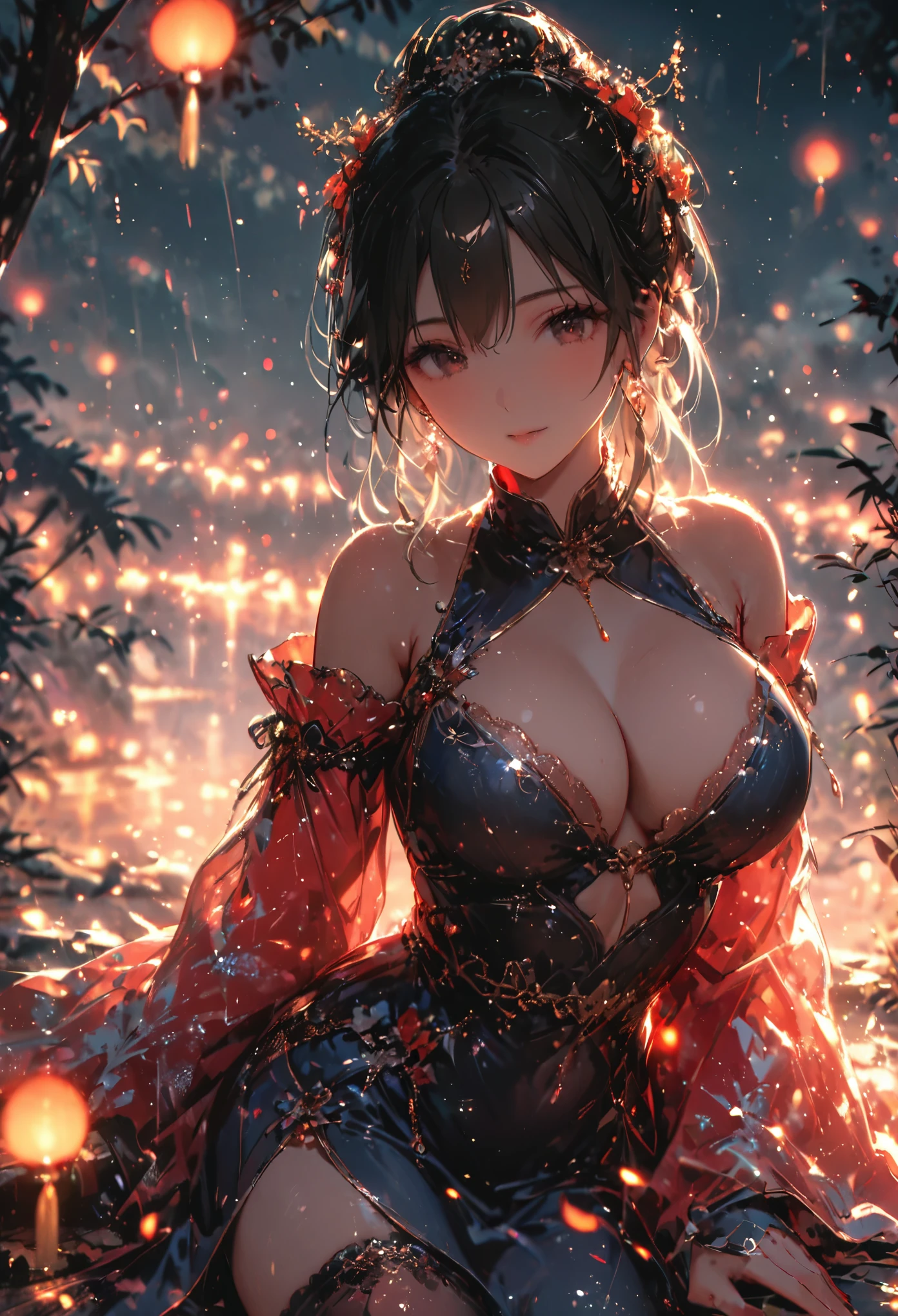 (best quality,4k,8k,highres,masterpiece:1.2),ultra-detailed,beautiful girl,big breasts,mature,tall body, close shot,seductive body,Chinese style dress, lazily lying on a flat rock full of flower, flying petals, seductive pose,colorful,magical forest,light particles sparkling,night,atmospheric,enchanted,ethereal lighting,pure beauty,dreamy,serene,tranquil,mystical,alluring,mysterious,feminine,charming presence,dark hair,gentle smile,graceful posture,peaceful aura,radiant,beauty in nature