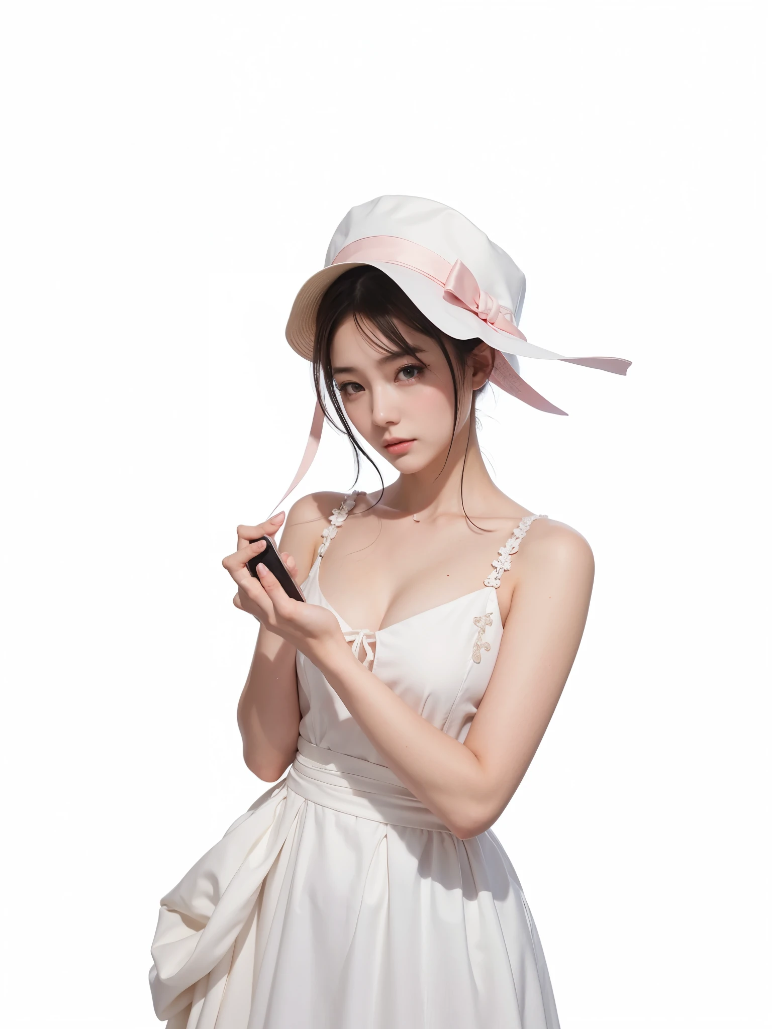 there is a woman in a dress and hat holding a cell phone, guweiz, obra de arte al estilo de guweiz, Obra maestra de Guweiz, inspirado en Sim Sa-jeong, render de abril, , 2dcg, sha xi, bella delfina, con sombrero, ulzzang, chica anime cosplay, inspirado en Yanjun Cheng
