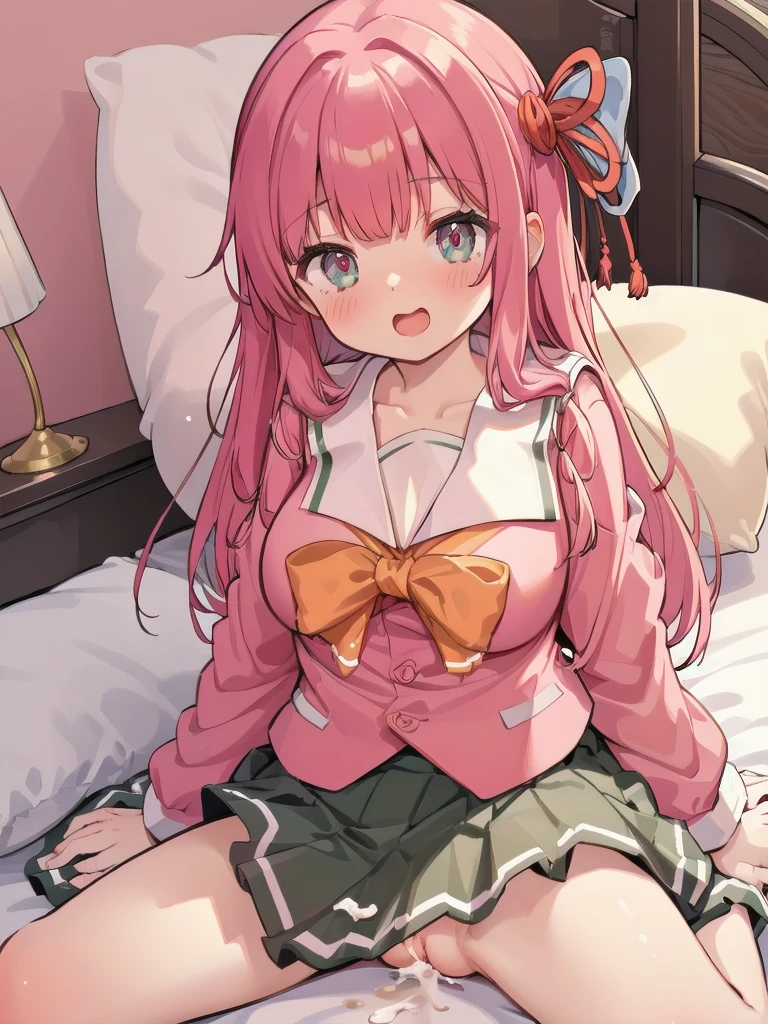 (((full body))), (((pnkserafuku))), (highest quality:1.2), alone, 1 girl, kotonoha akane, ((pink hair)), smile, looking at the viewer, hair ribbon, (((spread legs onbed))),(((vaginal,sex))),(((cum in pussy))),(((from above))), (((lying on bed))),(((white bed sheet))),(((lie on the pillow))),(((perfect anatomy))),(masterpiece:1.0),(Highest_quality:1.0),detailed,highly detailed,ultra detailed,extremely detailed CG,super high resolution,4k,super detailed, photograph,high resolution,8K,HDR,Highly detailed CG Unity 8k wallpaper,super detailed skin,detailed beautiful eyes,detailed beautiful face,detailed beautiful face and eyes,very detailed background,perfect,lighting,colorful, bright_front_face_lighting,shiny skin,(highly detailed background),looking at the viewer,(Focus on her face), solo, upper body, looking at viewer, upper angle, perfect quality, good quality, masterpiece, HDR, UHD missionary position,masterpiece,best quality,detailed,highly detailed,ultra detailed,extremely detailed CG,high resolution,8K,super detailed skin, ((detailed beautiful eyes)),detailed beautiful face,detailed beautiful face and eyes,very detailed background,highly detailed background,(front view),(((super big breasts))),looking at viewer,The girl's breasts aren't exposed at all., You can clearly see that she has very large breasts.,((kawaii)),((orgasm face)),