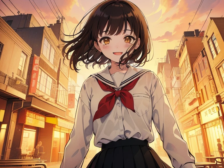 ((((Happy face)))),(((Long shot, taken from the front, 1 girl, white , black skirt, short bob, brown hair, golden eyes, , short height, city girl))), ((On the way home from school)), ((Uniform)), (Masterpiece), (High resolution), (Top quality), (Super delicate), ((Line drawing manga style)), Wallpaper, Manga style illustration, Painting style, heartwarming synopsis, ((youth)), (((student))), (unique atmosphere), unique world view, unique atmosphere, school life, youth town, (masterpiece), (high resolution), (highest quality), (super delicate), line drawing manga style, comic style illustration, how to draw, warm outline color, (clear), (obvious)