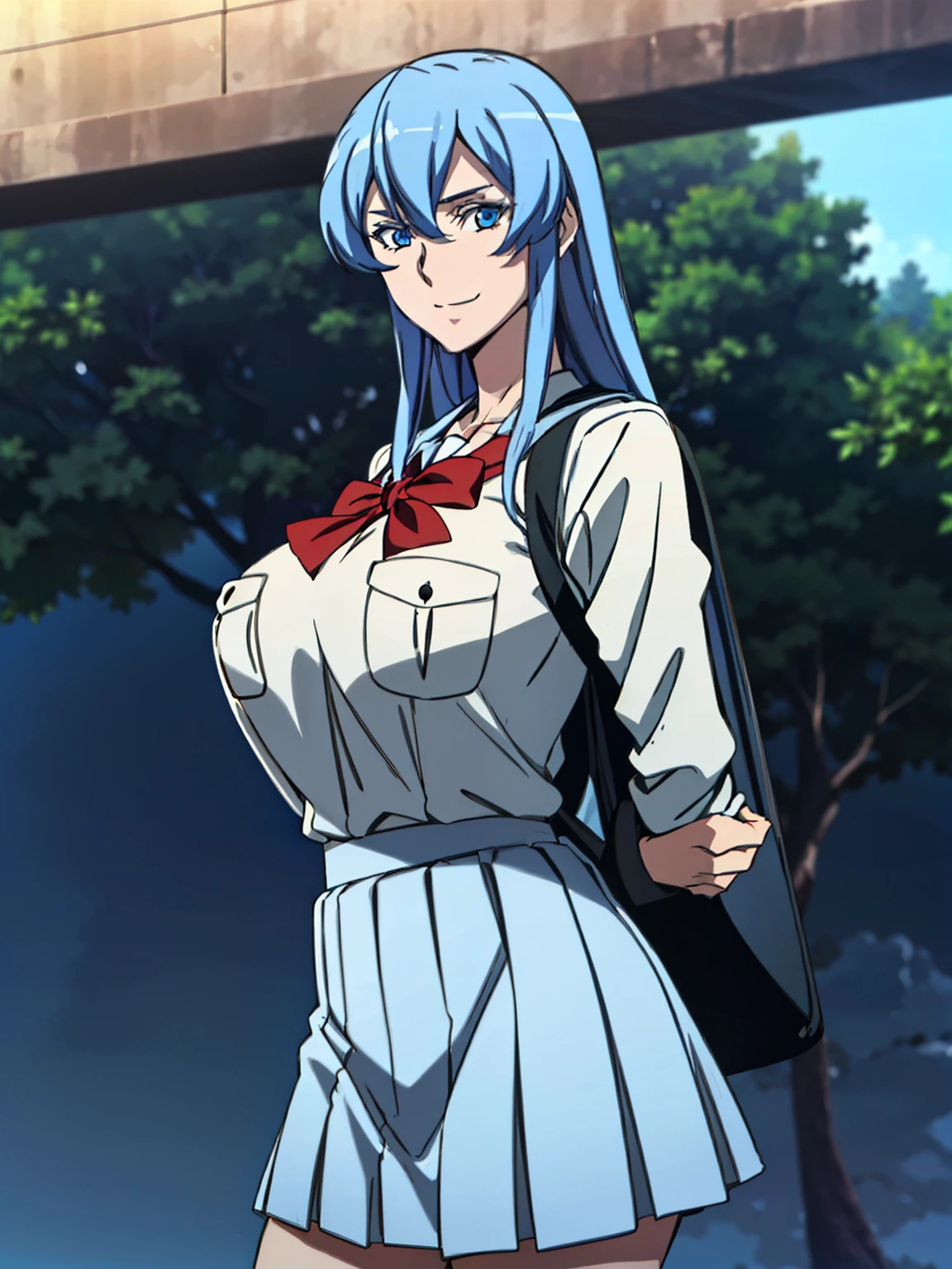 blue backpack school, (white serafuku), blue pleated skirt, red bowtie, (outdoor background), esdeath, anime cels style, best quality, high resolution, 1girl, (huge breasts:1.2), mature women, blue hair, long hair, (blue eye), blue eyebrow, beautiful face, (cowboy shot), looking at viewer, smiling