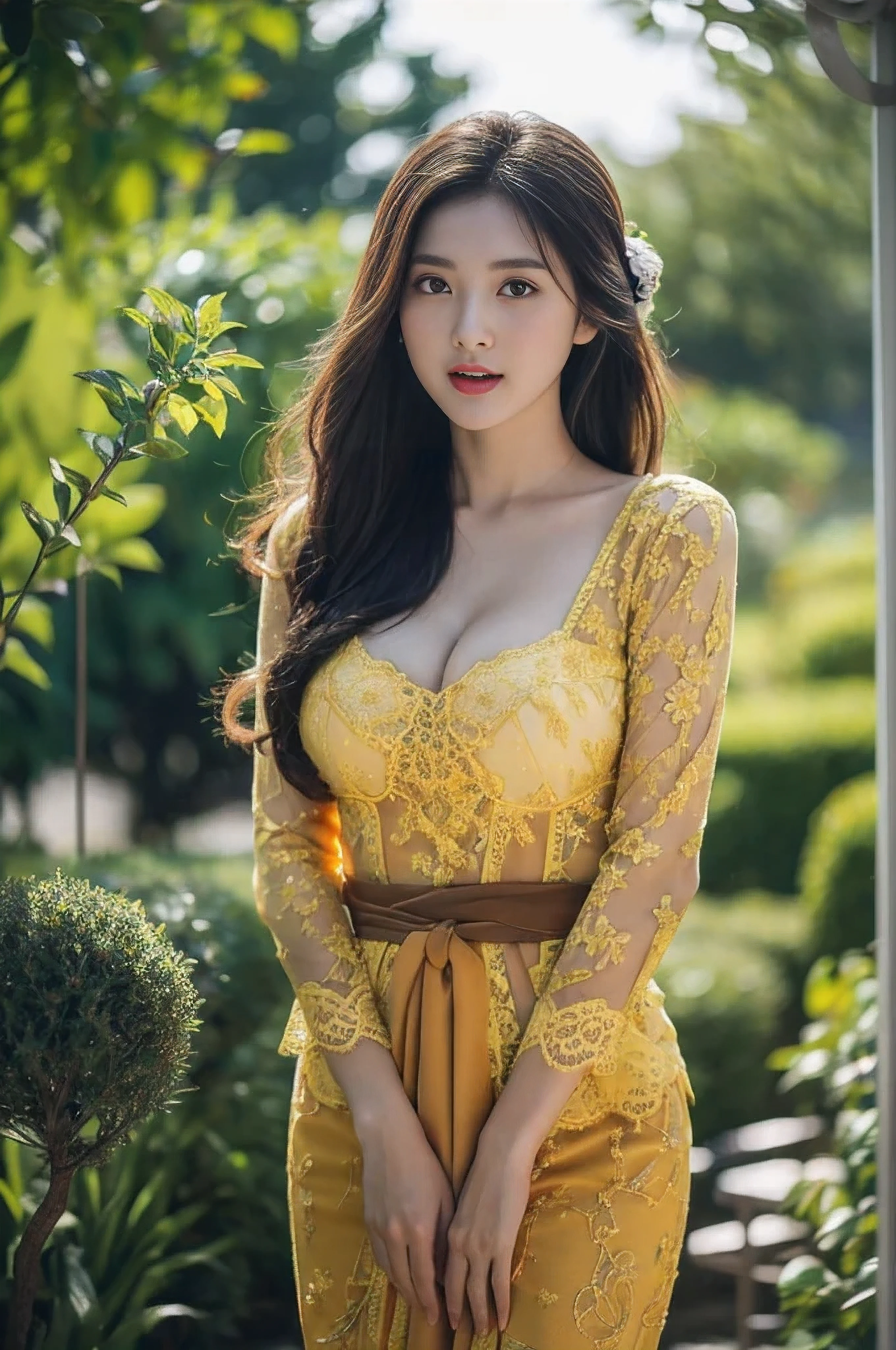 8k, best quality, Medium close-up, (yellow kebaya )、(luxury kebaya ),(top-quality,masterpiece:1.3,超A high resolution,),(ultra-detailliert,Caustics),(Photorealsitic:1.4,RAW shooting,)Ultra-realistic capture,A highly detailed,high-definition16Kfor human skin, Messy Updo hair, Cute and lovely Korean girl, realistic, ultra detail, photo realistic, Increase quality,
standing in a garden with a scarf, garden, (large breast), (cleavage ), close-up shot, mouth,dark-haired, long hair, (depth of fields、chromatic abberation、Wide range of lighting、Natural Shading、)、(Exterior light at night:1.4)、(Hair swaying in the wind:1.2).
