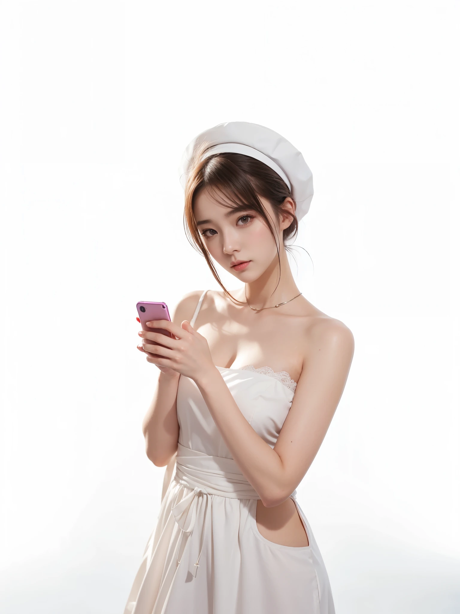 there is a woman in a dress and hat holding a cell phone, guweiz, obra de arte al estilo de guweiz, Obra maestra de Guweiz, inspirado en Sim Sa-jeong, render de abril, , 2dcg, sha xi, bella delfina, con sombrero, ulzzang, chica anime cosplay, inspirado en Yanjun Cheng