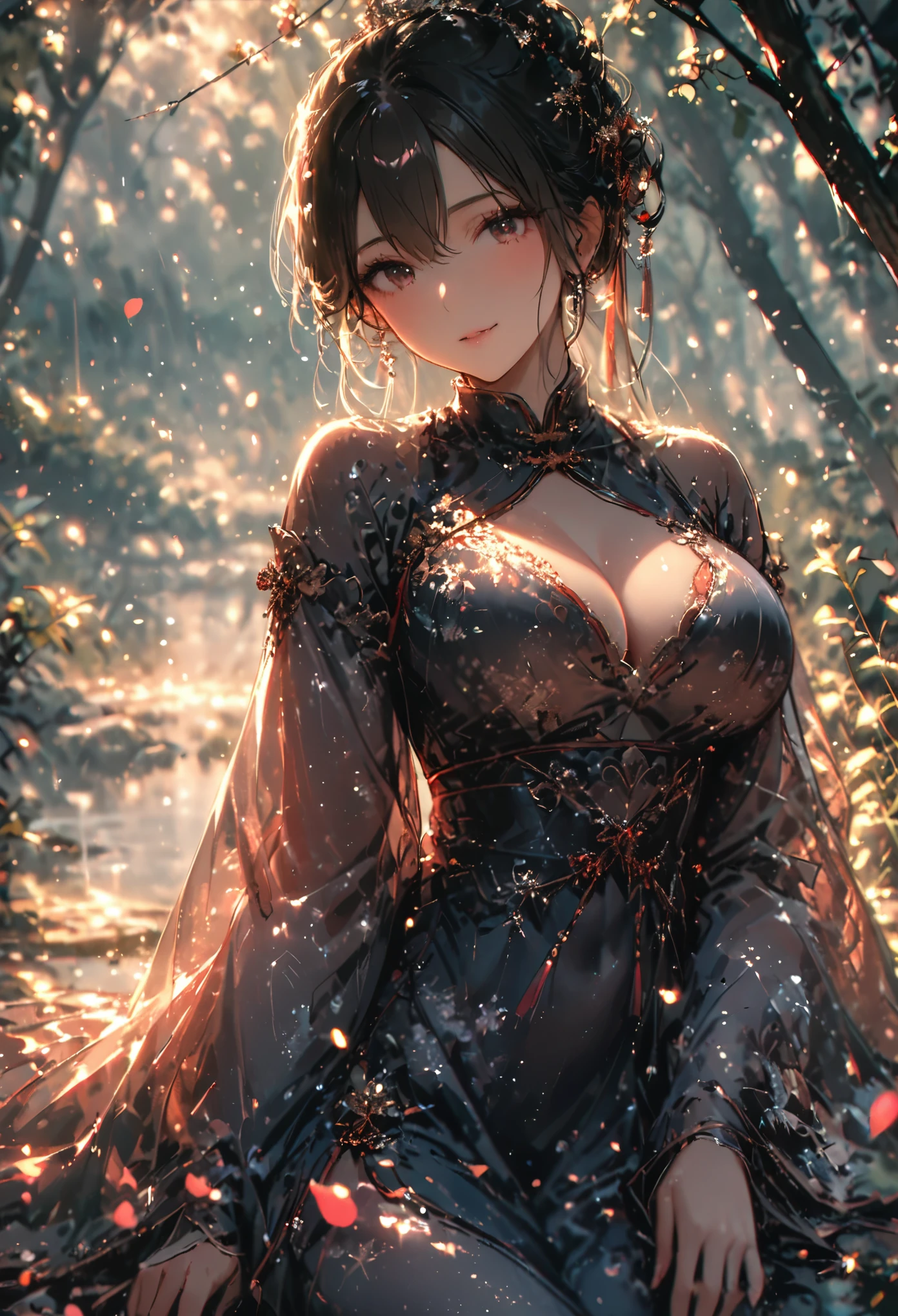 (best quality,4k,8k,highres,masterpiece:1.2),ultra-detailed,beautiful girl,big breasts,mature,tall body, close shot,seductive body,Chinese style dress, lazily lying on a flat rock full of flower, flying petals, seductive pose,colorful,magical forest,light particles sparkling,night,atmospheric,enchanted,ethereal lighting,pure beauty,dreamy,serene,tranquil,mystical,alluring,mysterious,feminine,charming presence,dark hair,gentle smile,graceful posture,peaceful aura,radiant,beauty in nature