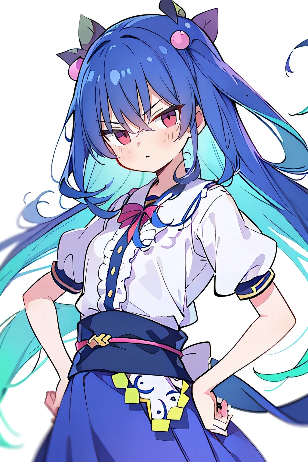 (masterpiece),best quality, expressive eyes, perfect face, 1girl,
 Put your hands on your waist,fair, Gorgeous,Japanese cartoons,girl,lola,Hina Angel, blue hair, blue haired, floating clothes,Grab your waist, Grab your waist, hands on hips , hands on hips,flat chest