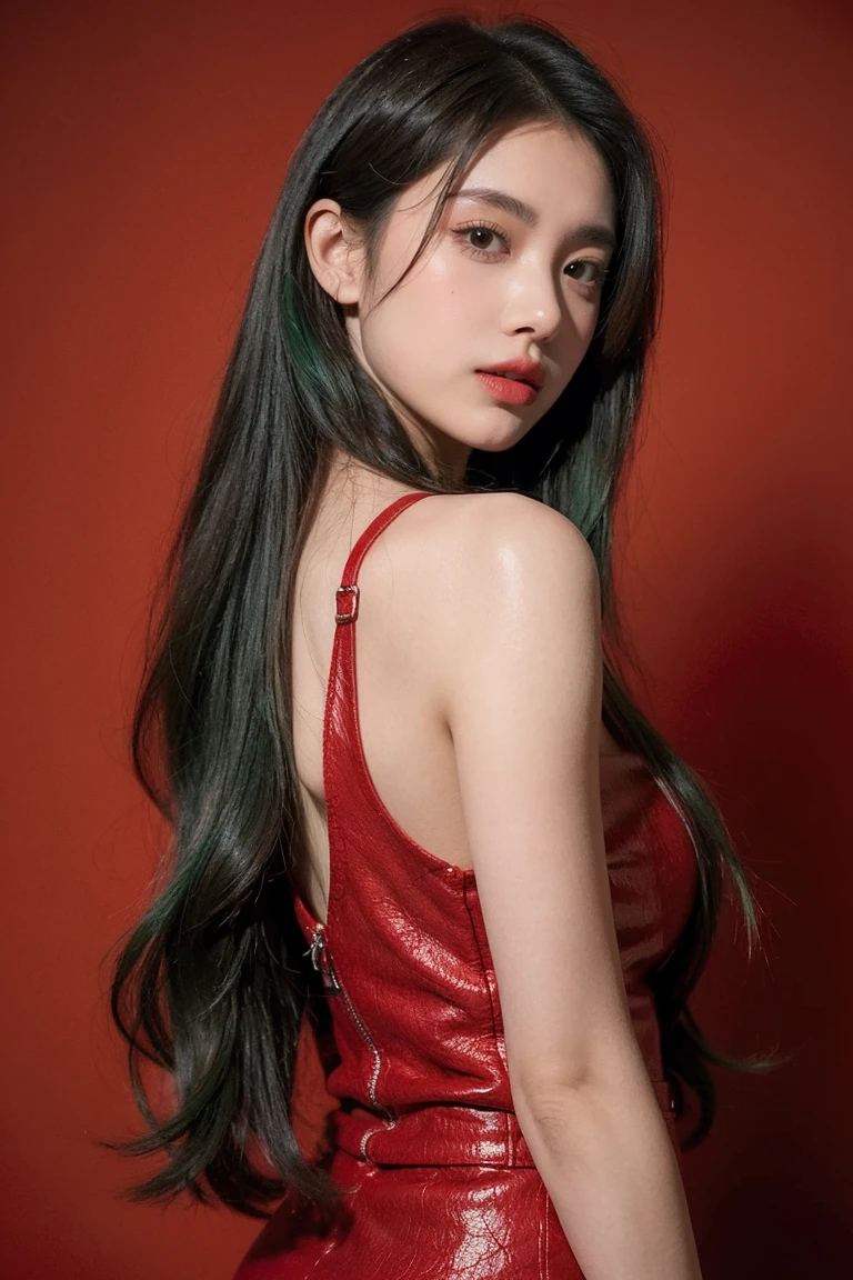 21yo girl, green hair, red background,
