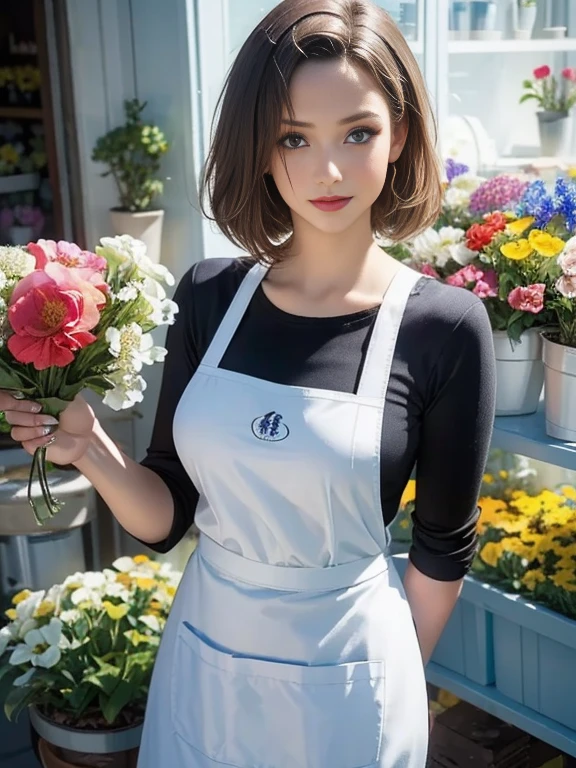 (best quality, 8k, highres, photorealistic:2.0), (solo, one girl:2.0),(photo taken using flash:1.9),(brighten the subject:1.8),(ultimate beautiful girl:2.0),(shiny skin),(oily skin),(blonde girl:1.5),(short hairstyle:1.5),(cool beauty:2.0),Blush brown makeup , dark eye makeup , use pink glossy lipstick,(big beady eyes girl:1.5),(droopy-eyes girl:1.5),(blue eyes),(thin girl:1.5),(baby face girl),(sex appeal),(sweet smelling girl),(Photographed in front of a flower shop:1.8),(A girl who works part-time at a flower shop:1.3),(A girl who likes to grow flowers),(she works for low wages:1.5),(kind-hearted woman:1.5),(she has a nice smile:1.3),(woman with a happy look:1.3),(she is very sociable),(from a very poor family:1.5),(virgin girl),(She is a secret pervert.),(she covertly lewd),(she looks so erotic),(Preserve virginity for devout Christians),chuuChloe,(Wearing a florist's apron:1.5),(Breast cleavage emphasis),(A woman with very soft breasts),(woman fantasizing about sex),(allurement),(bewitching pose)