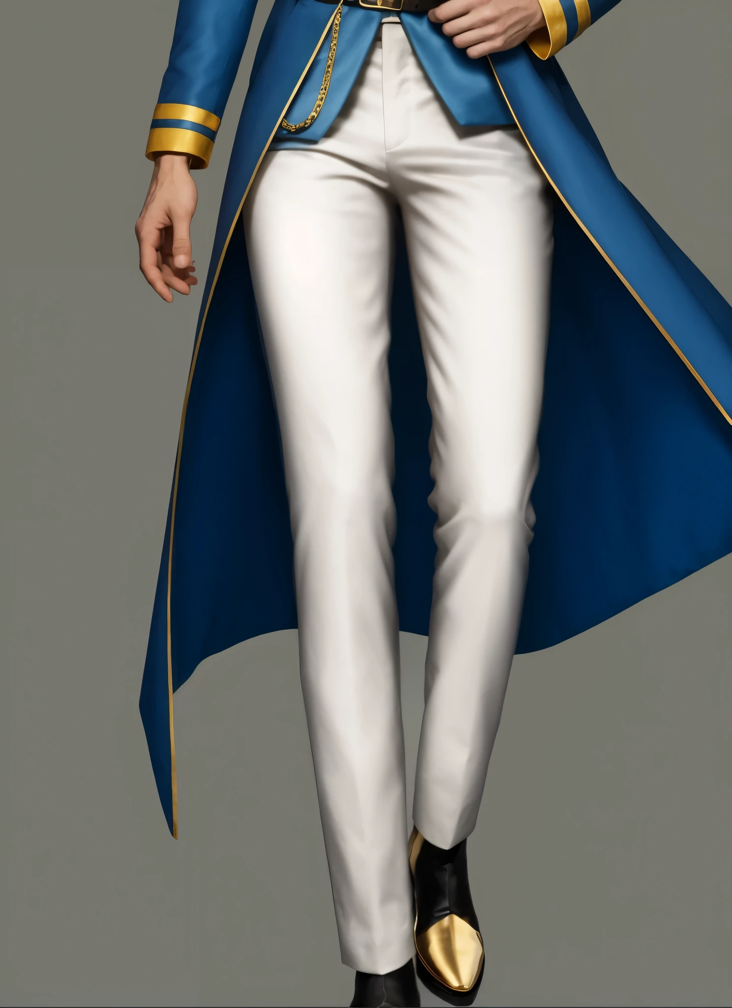 reference sheet: 1.8, great details, high quality, masterful work, Tall Boy, Beautiful face, long pants, art in boots, (masterpiece, A high resolution, high quality: 1.2), complex parts, cinematic lighting, clear focus, depth of field, blue coat, White pants, black shoes with gold toe, Gold Elements, brunette, an aristocrat,