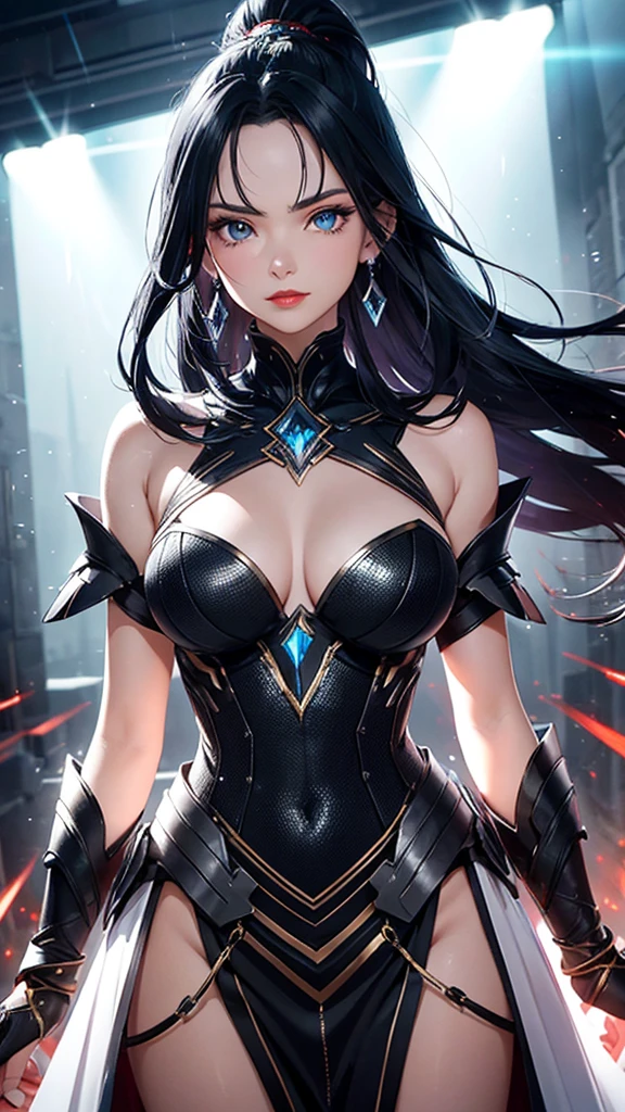 a mature woman, Confident, mighty and strong, black blue hair, Extra long high ponytail with single ear hair combed in front and back, streaked sky blue luminous hair, floating hair, hair strand, shiny hair, blue amber eyes, pupils sparkling, aqua eyes, glowing eyes, pupils sparkling, upturned eyes, long upper eyelashes, double eyelids, deep red lips, white crystal earrings, a slight smile, Glowing clothing effect, Silver full body armor, Exquisite black and gold two-color pattern armor, The right hand holds a silver spear with lightning, The left forearm is surrounded by fire and lightning, A huge upright lightning ring totem floats behind the shoulders, She is a war goddess, Random pose, Random expressions, Random background, White light surrounding the body, god rays, anime, UHD, masterpiece, award winning, 8k, super detail, best quality, retina, ccurate, super textured skin, super detail face, perfect face, Super fine facial details, beautiful and delicate eyes, perfect eyes, anatomically correct, correct limbs, correct figner, super detail figner, best hair quality, best clothing quality, best prop quality, best totem detail and quality, complex totem detail,