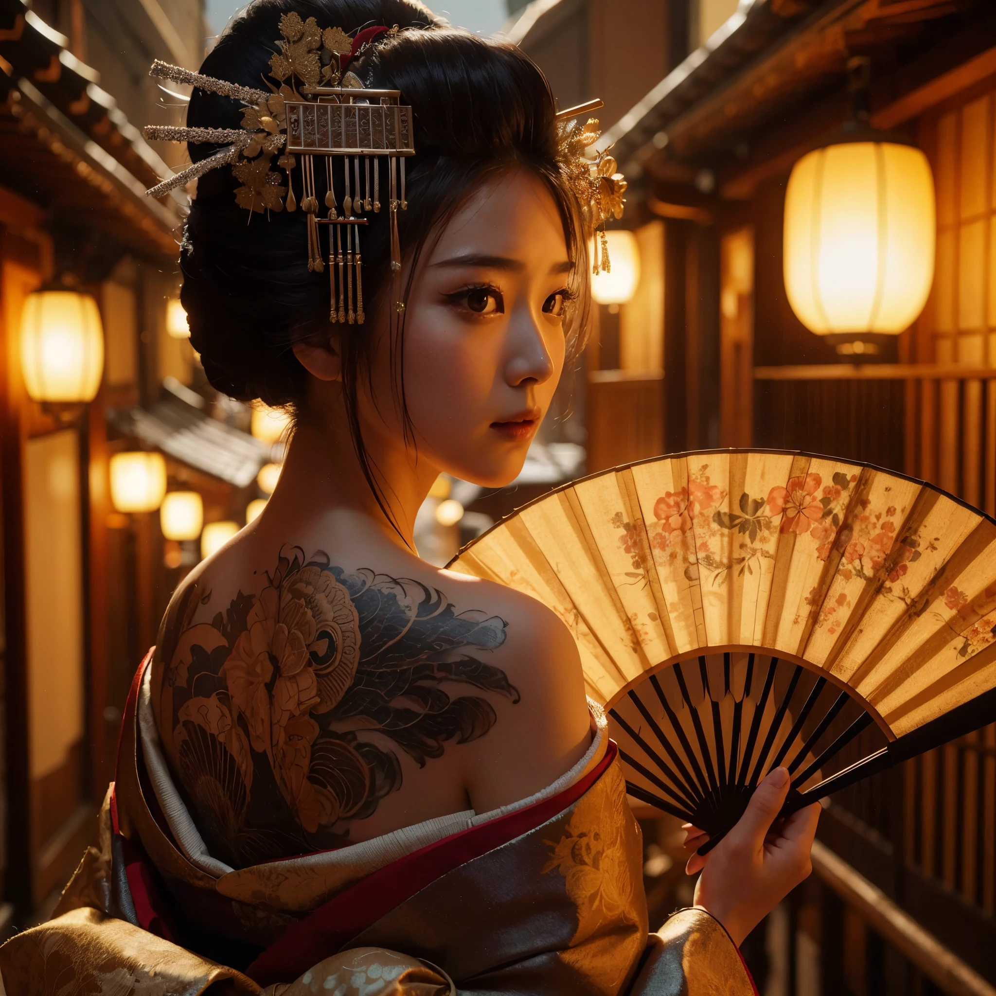 8k Uhd, Dslr,Film Grain, Fujifilm XT3,(Best Quality:1.3), (Masterpiece:1.1), High Resolution, Cinematic Light, Intricate Details, (Photorealistic) (night scene)create a realistic backlight dramatic red tone light photography beautiful japanese geisha girl, ((facial texture pore detail)), feudal edogawa era, wearing satin kimono with japanese traditional motif, open shoulder, full body colourful dragon tattoo, holding short katana blade, inside japan traditional villa, 8K