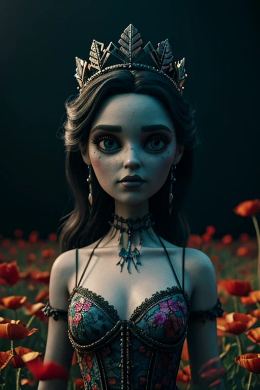 8K, ARTISTIC photogrAphy, best quAlity, mAsterpiece: 1.2), A (potrAit:1.2) Tim Burton's Corpse Bride style Diseny Toon Doll, in a field of flowers poppies with red petals , full body RAW candid cinema, 16mm, color graded portra 400 film, remarkable color, ultra realistic, sad admosphere, dark lighting, oppressive atmosphere, depressive colors, kodak portra 400, photograph,r, Natural Light, Salvatrucha tatoos, Crown Metal, Pinhead lighgts, blur reflection, Brush Strokes, Smooth, abstract, Splatter, Oil On Canvas, rainbow colors, fractal isometrics details bioluminescens : a stunning realistic photograph of wet bone structure, 3d render, octane render, intricately detailed, titanium decorative headdress, cinematic, trending on artstation | Isometric | Centered