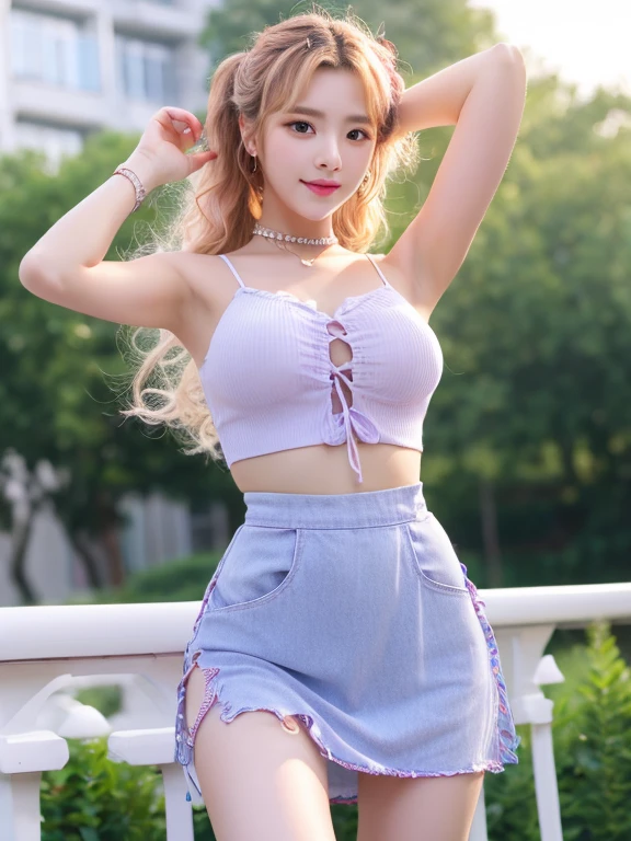 best quality,HD,a beauty,Exquisite face shape,Korean female idol(Chinese beauty),Light blonde long slightly curly hair,neat hair,Light purple spaghetti strap belly top(Plastic reflective),Light purple tight skirt(Plastic reflective),dance korean pop dance,Korean makeup,Small waist,beautiful earrings,Positive face,Upright