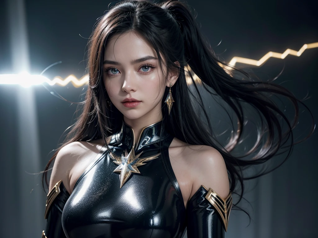 a mature woman, Confident, mighty and strong, black blue hair, Extra long high ponytail with single ear hair combed in front and back, streaked sky blue luminous hair, floating hair, hair strand, shiny hair, blue amber eyes, pupils sparkling, aqua eyes, glowing eyes, pupils sparkling, upturned eyes, long upper eyelashes, double eyelids, deep red lips, white crystal earrings, a slight smile, Glowing clothing effect, Silver full body armor, Exquisite black and gold two-color pattern armor, The right hand holds a silver spear with lightning, The left forearm is surrounded by fire and lightning, A huge upright lightning ring totem floats behind the shoulders, She is a war goddess, Random pose, Random expressions, Random background, White light surrounding the body, god rays, anime, UHD, masterpiece, award winning, 8k, super detail, best quality, retina, ccurate, super textured skin, super detail face, perfect face, Super fine facial details, beautiful and delicate eyes, perfect eyes, anatomically correct, correct limbs, correct figner, super detail figner, best hair quality, best clothing quality, best prop quality, best totem detail and quality, complex totem detail,