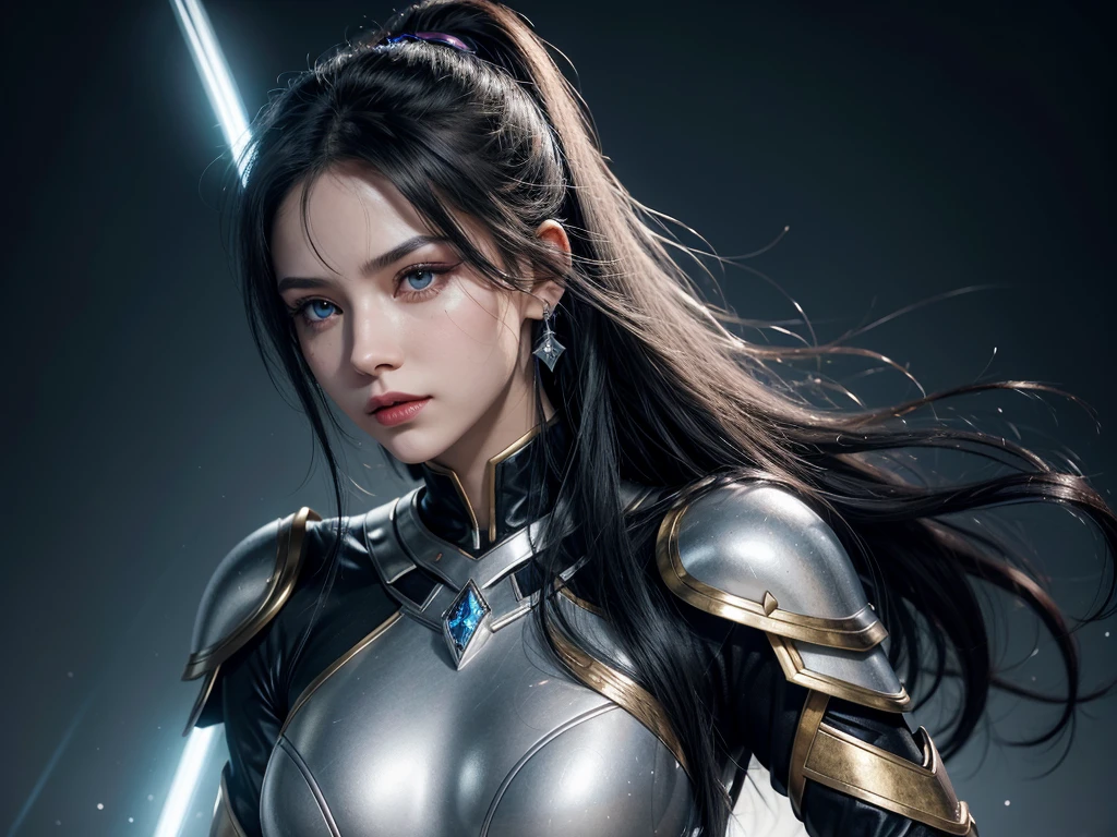 a mature woman, Confident, mighty and strong, black blue hair, Extra long high ponytail with single ear hair combed in front and back, streaked sky blue luminous hair, floating hair, hair strand, shiny hair, blue amber eyes, pupils sparkling, aqua eyes, glowing eyes, pupils sparkling, upturned eyes, long upper eyelashes, double eyelids, deep red lips, white crystal earrings, a slight smile, Glowing clothing effect, Silver full body armor, Exquisite black and gold two-color pattern armor, The right hand holds a silver spear with lightning, The left forearm is surrounded by fire and lightning, A huge upright lightning ring totem floats behind the shoulders, She is a war goddess, Random pose, Random expressions, Random background, White light surrounding the body, god rays, anime, UHD, masterpiece, award winning, 8k, super detail, best quality, retina, ccurate, super textured skin, super detail face, perfect face, Super fine facial details, beautiful and delicate eyes, perfect eyes, anatomically correct, correct limbs, correct figner, super detail figner, best hair quality, best clothing quality, best prop quality, best totem detail and quality, complex totem detail,