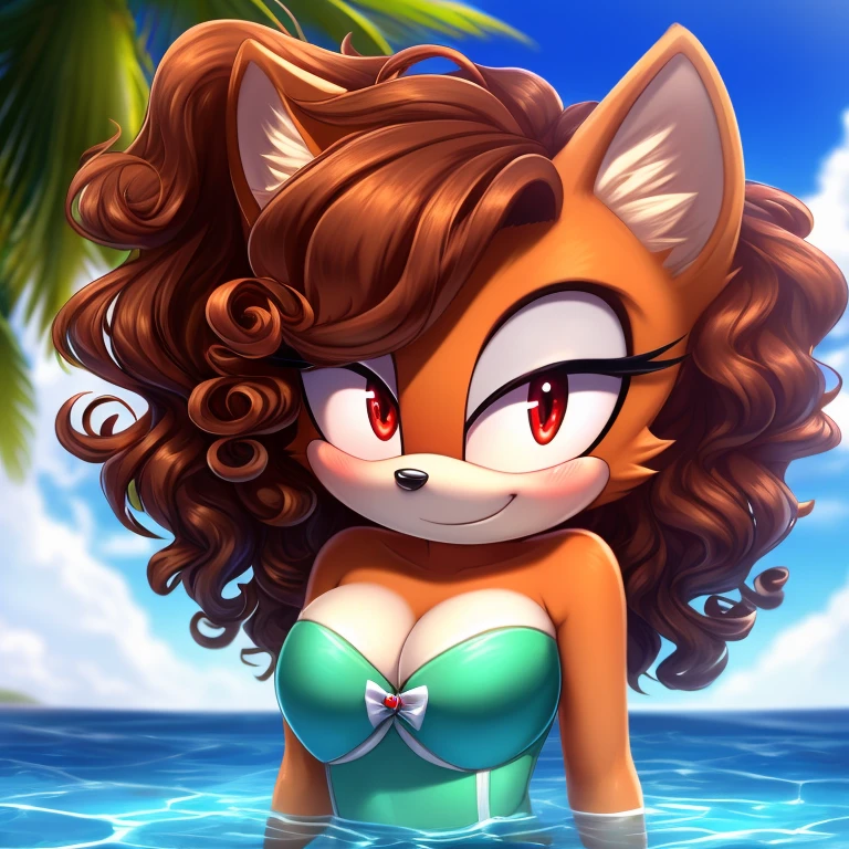 mobian, hedgehog, two-tone fur ((orange fur, brown fur)), (strapless bathing suit), cleavage, two-tone hair (brown hair, black tip)), curly hair, halo, sunglasses, jewelry, red eyes, longeyelashes, red eyes, smile, shy, blush, high detail, masterpiece, UHD, anatomically correct, super detail, highres, 4K