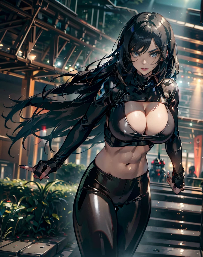 (best quality)), ((masterpiece)), (detailed), perfect face, Envision an art drawing of a slutty female with dark black hair styled in a open free manner, her eyes adorned with smoky eyeshadow and dramatic eyeliner, in a biker suit with bike helmet in the hand, along side a BMW racing bike on the road, deep cleavage, seductive dynamic poses, her curves, huge breasts, slim waist, curvy figure, proportionate hips, huge breasts. Use a dimly light setting to enhance her mysterious charm. 6 pack abs, red lips, on the road, perfect hands, perfect fingers, intricate detailed fingers and nails