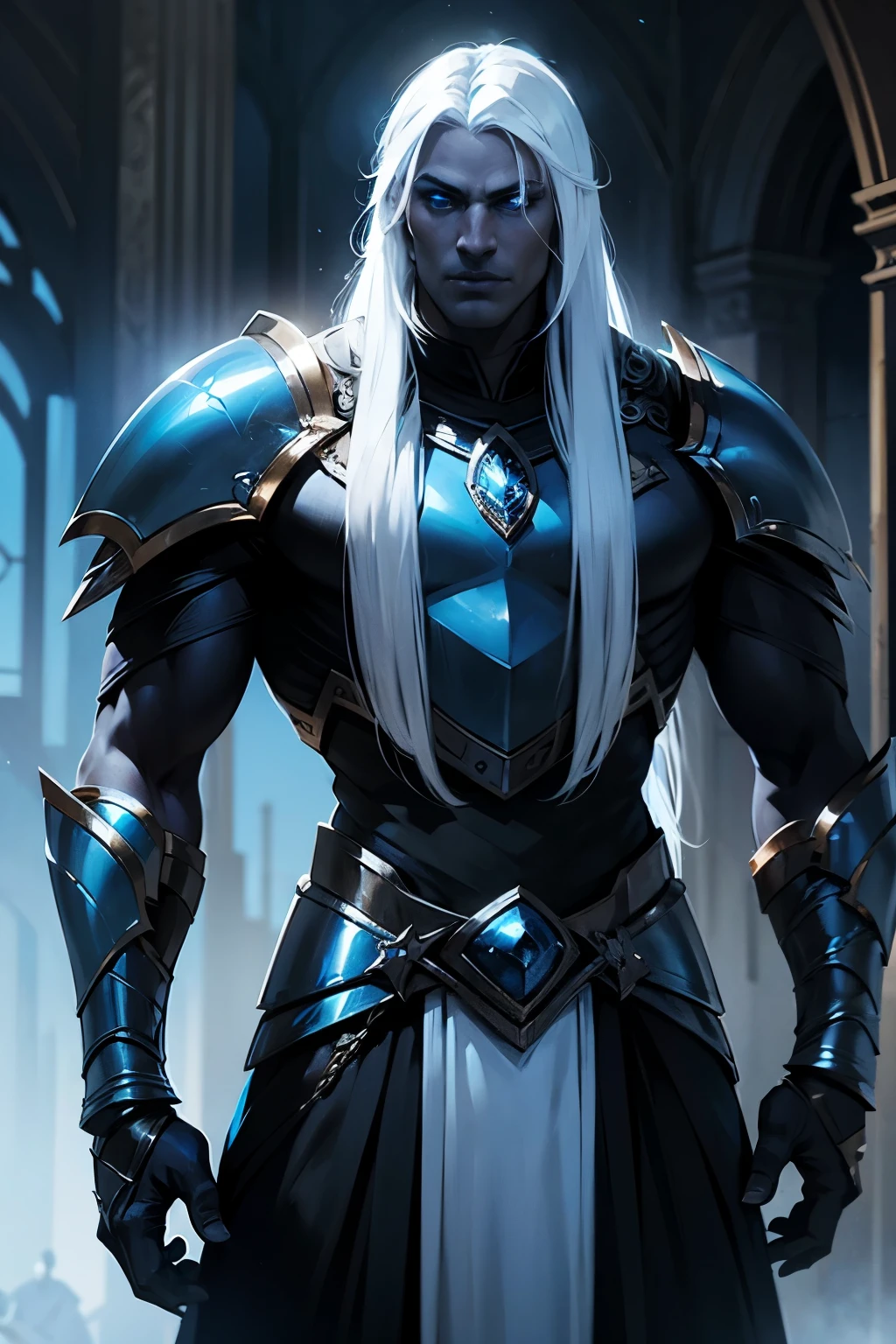 A great warrior, an incredibly handsome Drow man, an emperor, long white hair combed back, black skin, strong build, completely blue eyes, in incredible onyx armor, full height, dynamic pose