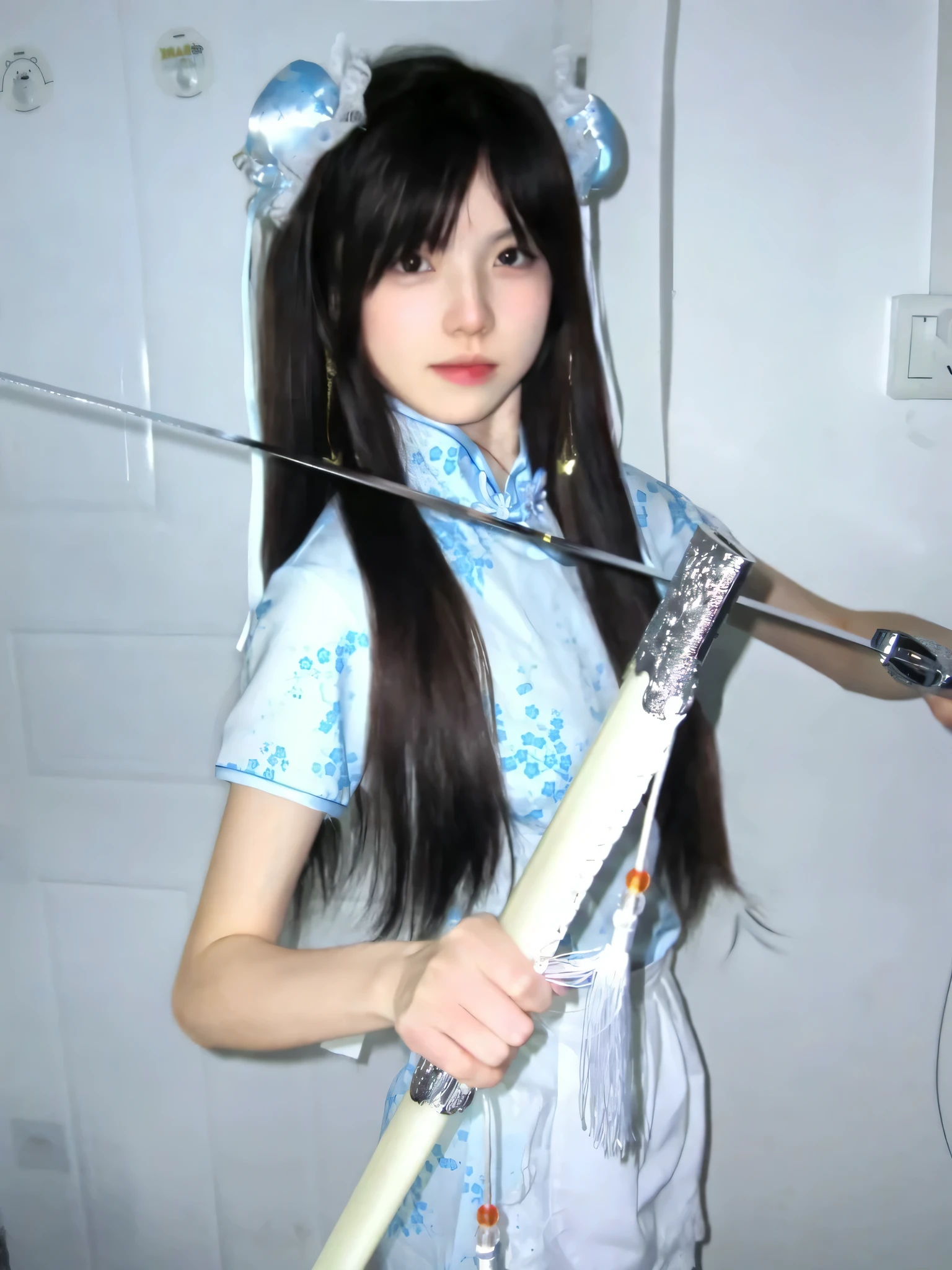 There is a woman holding a sword and a stick in her hands, Inspired by Leng Mei, anime cosplay, Anime Girls Cosplay, inspired by trees, real life anime girls, she holds a katana, The gorgeous Korean polearm behind her, realistic role play, Kitsune holding a naginata, full body xianxia