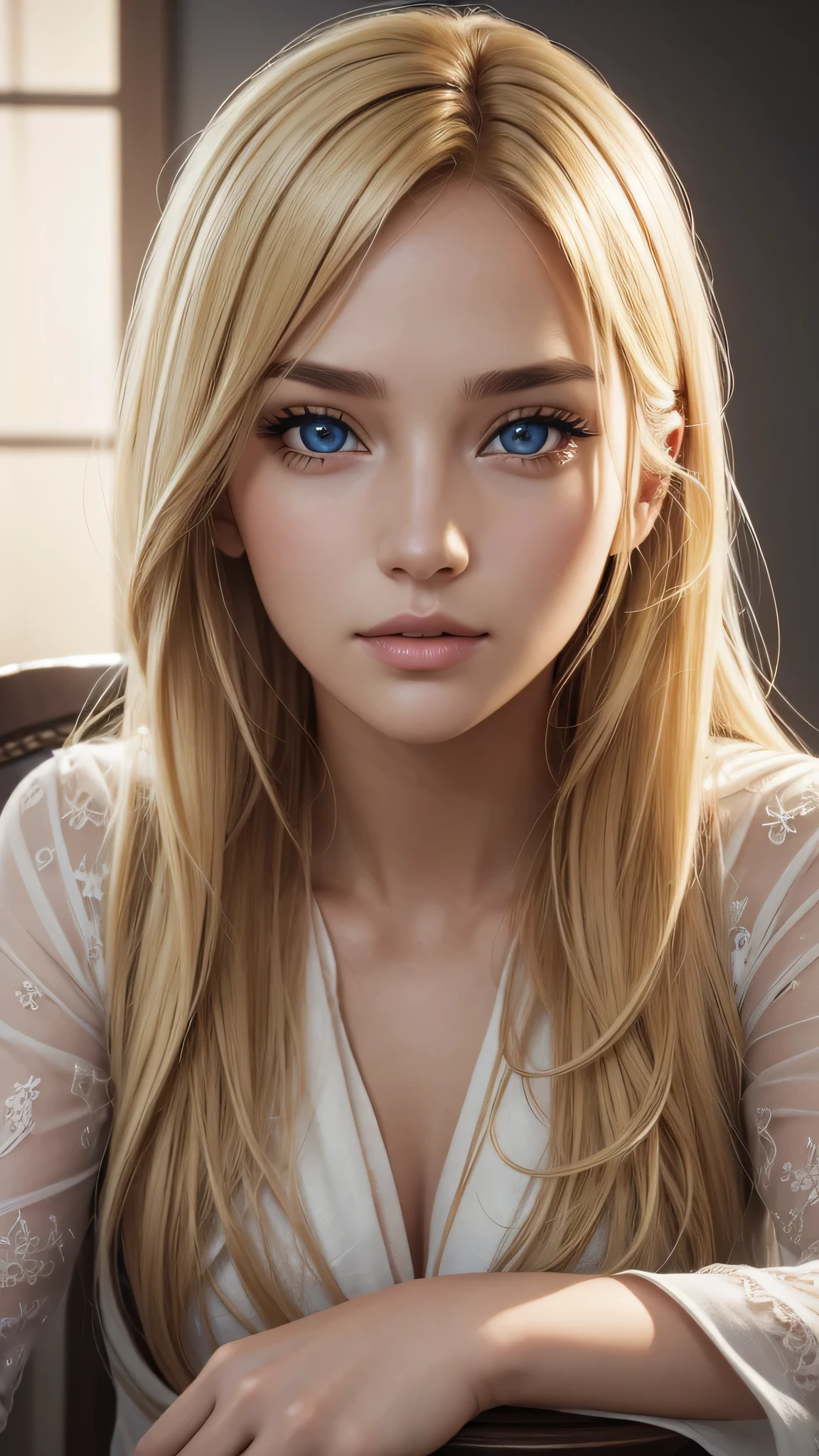 Extra Close-up to the face,a beautiful (((blonde hair))) woman, solo, beautiful face, high detailed realistic eyes, ((brown eyes color)), double eyelids, high detailed realistic pupils,sitting alone on a long chair,best quality, masterpiece, high resolution, Beautiful face, tyndall effect, photorealistic, dark studio, two tone lighting, 8K uhd, dslr, soft lighting, high quality, volumetric lighting, candid, Photograph, high resolution, 4k, 8k, Bokeh, (hyperrealistic woman), (illustration), (high resolution), (extremely detailed), (best illustration), (beautiful detailed eyes), (best quality), (ultra-detailed), (masterpiece), (wallpaper), (photorealistic), (natural light), (rim lighting), (detailed face), (high detailed realistic skin face texture), (anatomically correct),(detailed eyes), (sparkling eyes), (dynamic pose), looking to viewer, wearing pyjamas