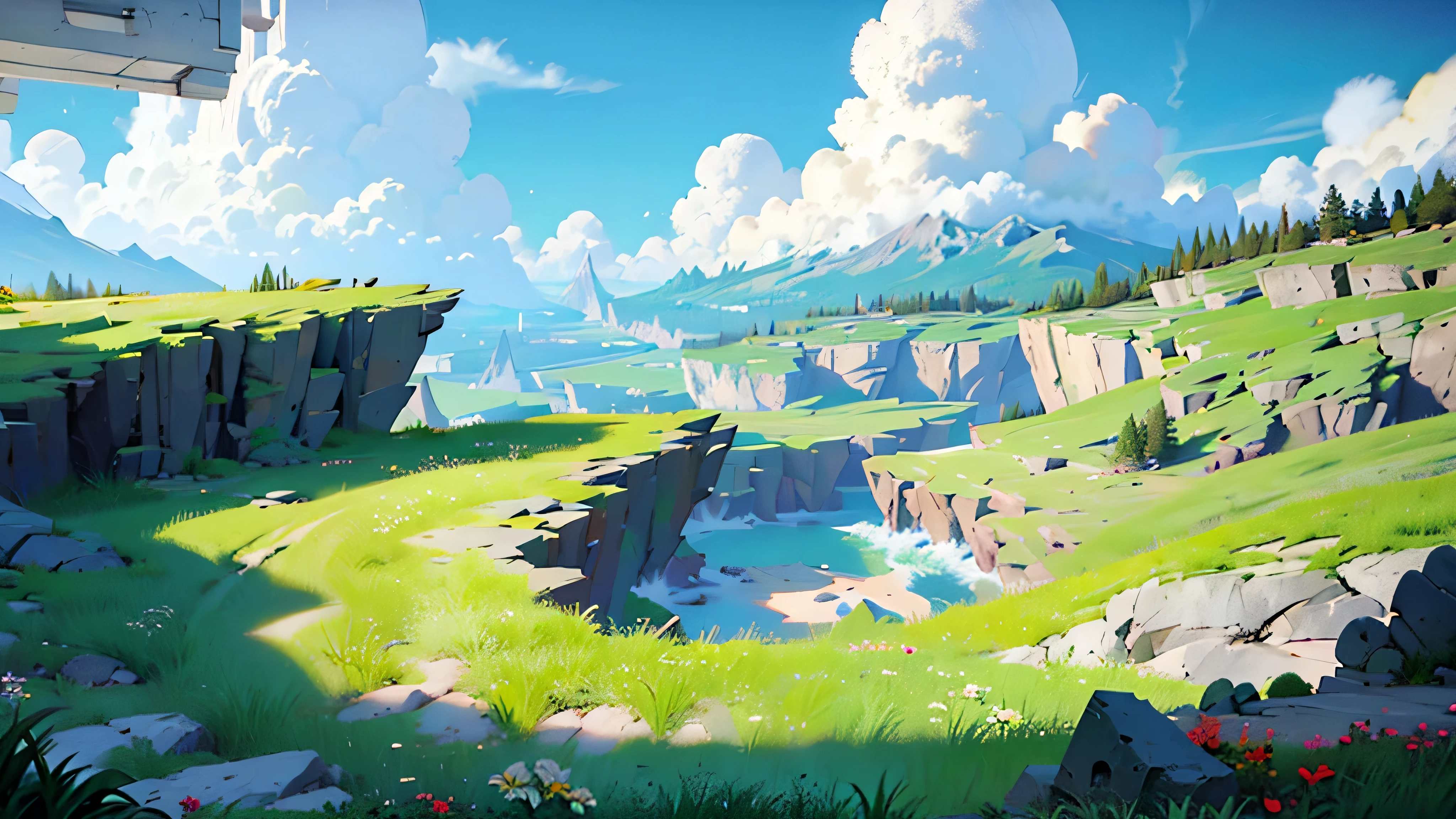 ({{highres,}},masterpiece,ultra-detailed,best quality,8k),cloud, cloudy_sky, day, sky, blue_sky, scenery, mountain, flower, grass, horizon, outdoors, field, landscape, mountainous_horizon, no_humans, ocean, flower_field, plant, cliff, building, hill, waterfall, ruins, vines, bush, tower, water, nature, river, tree, rock