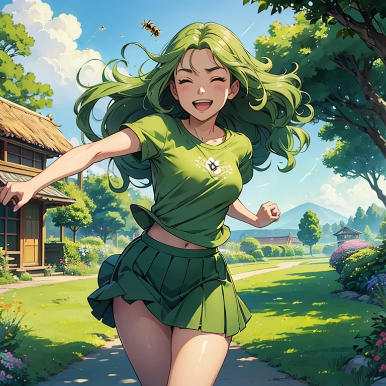 Beautiful girl running, long wavy green hair, joyous, wearing green tshirt, short skirt, happy, studio Ghibli scenery, beautiful summer evening, breeze, bees, green outfield