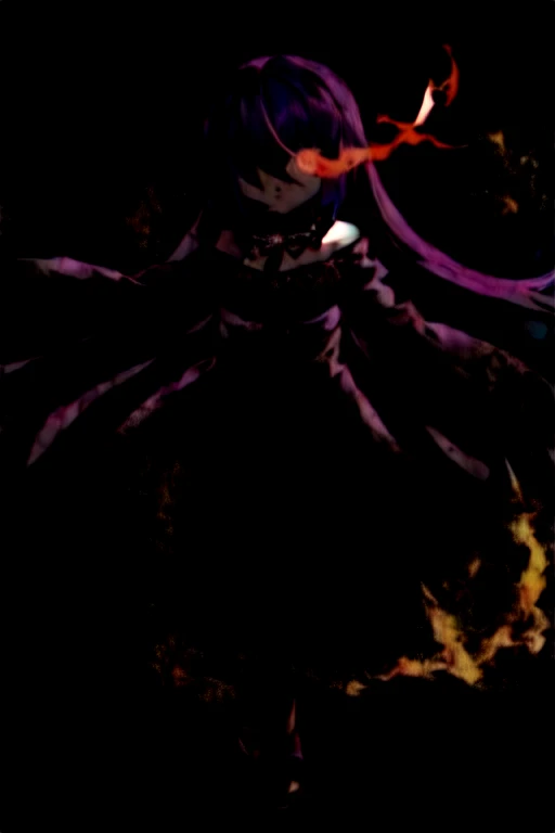 best quality, perfect face, anime, warm and soft lighting, ((1girl)), ((cute)), ((petite)), (()), teen, anime girl, ((pale skin)), 1girl, long hair, ((purple hair)), ((red highlights)), red hair ribbon, big eyes, solid eyes, pink eyes, (white pupils), ((slit pupils)), (black elaborate gothic collar), (off-shoulder frilly long dress), frilly sleeves, (detached sleeves), ((sleeves past hands)), (black thigh-highs), red mary janes, best quality, high quality, detailed face, serious, expressionless, flying, night, full body, looking at viewer, (glowing eyes), (glowing eye), (eye trail), ((sleeves past fingers)), ((flaming eye))